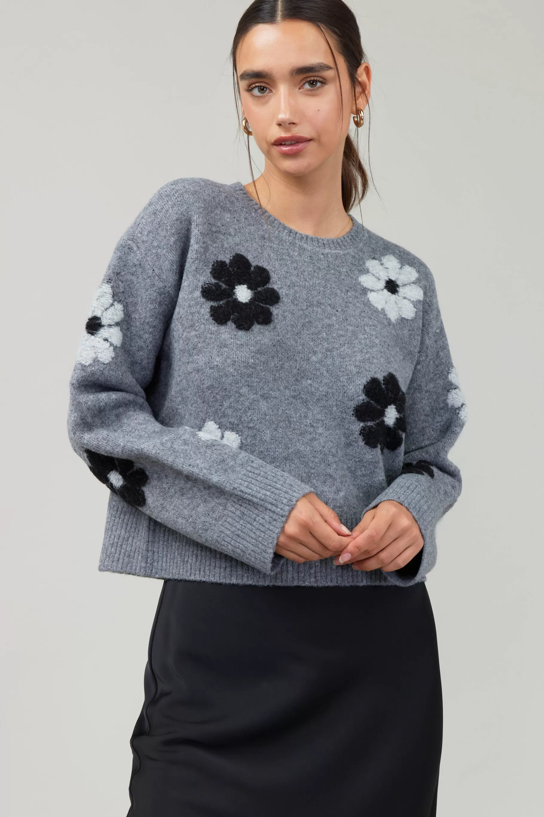 Current Air Knitwear | Sweaters>Daisy Embroidered Sweater MELANGEGREY