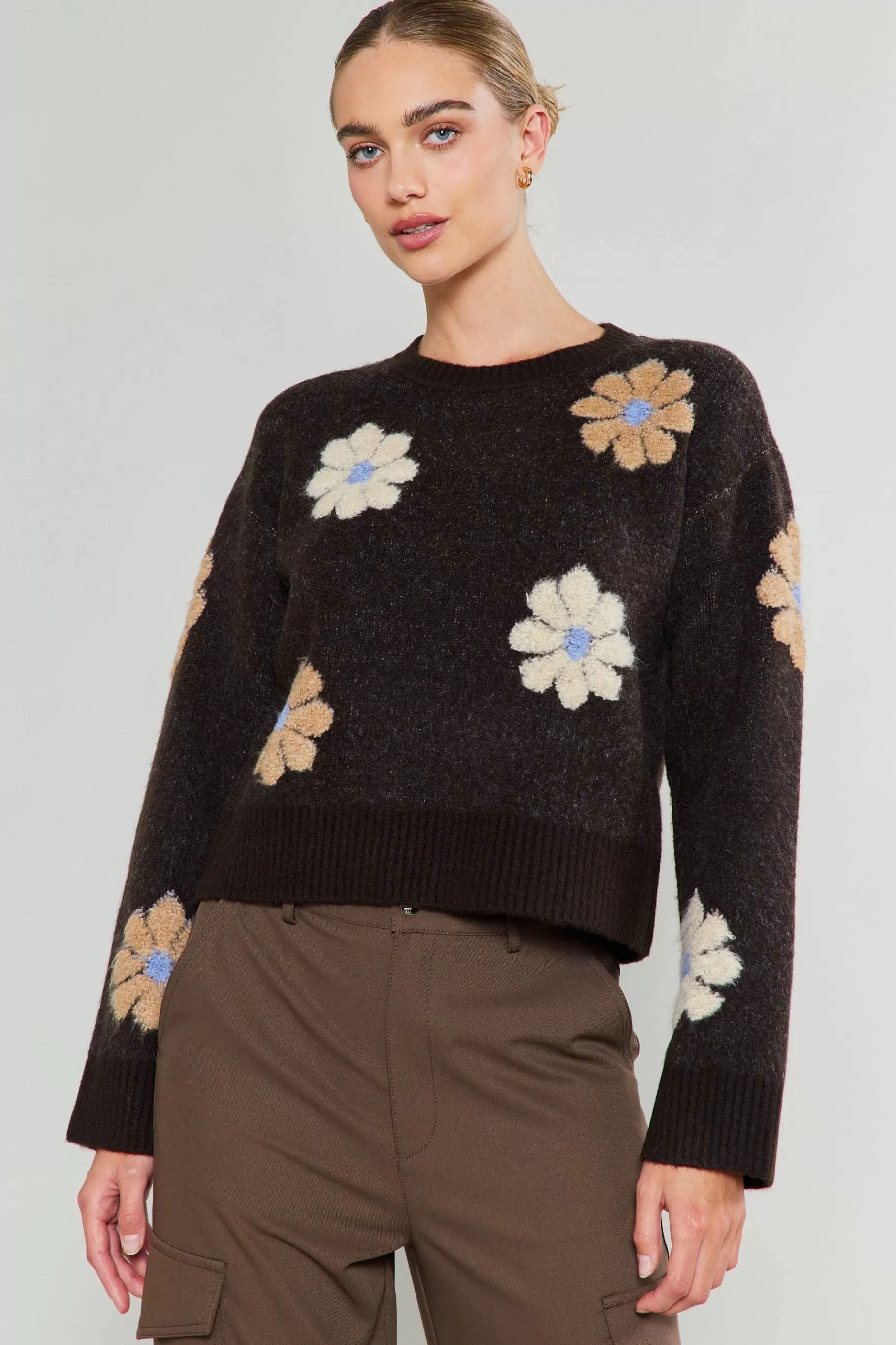 Current Air Knitwear | Sweaters>Daisy Embroidered Sweater BROWN