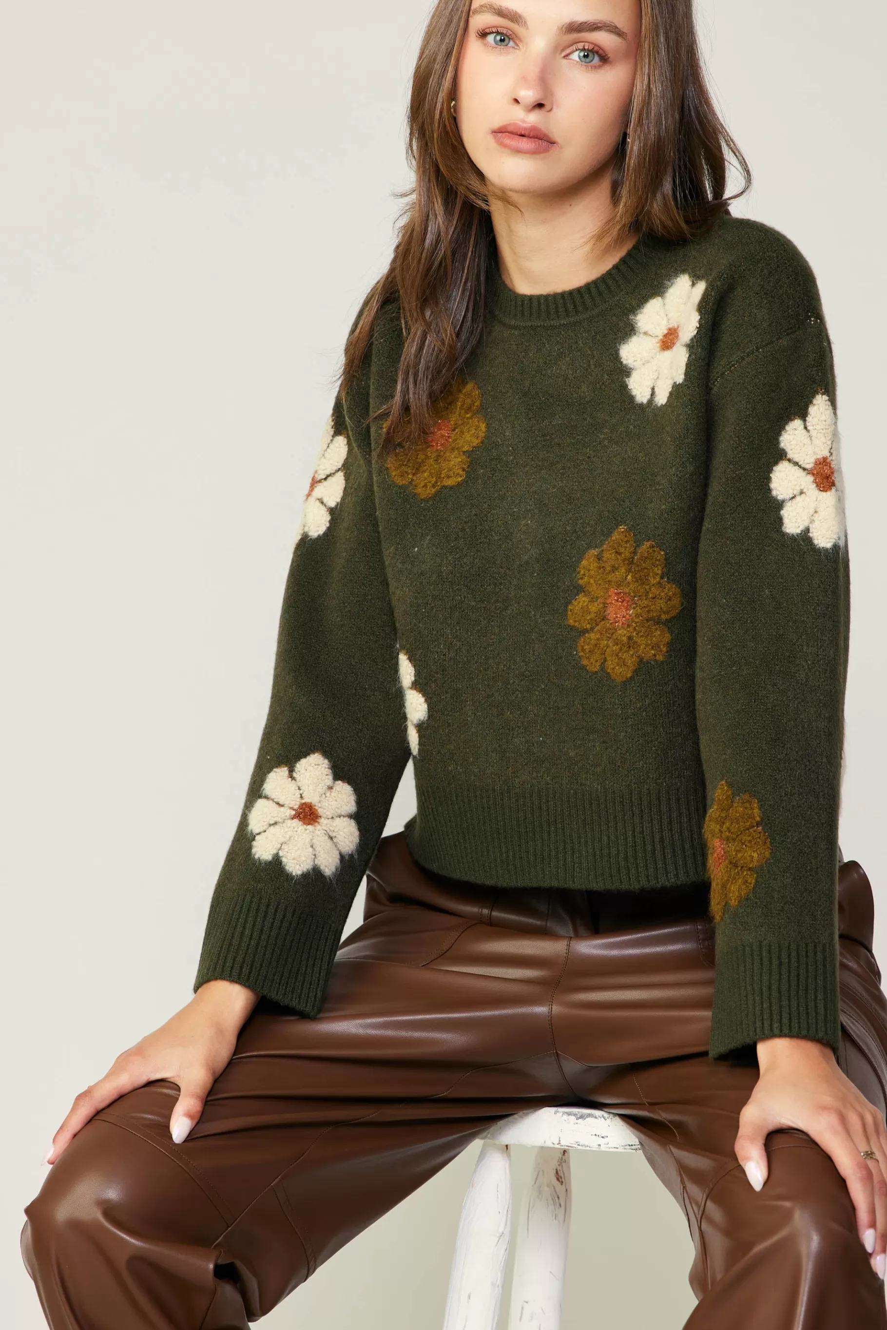 Current Air Knitwear | Sweaters>Daisy Embroidered Sweater KHAKI