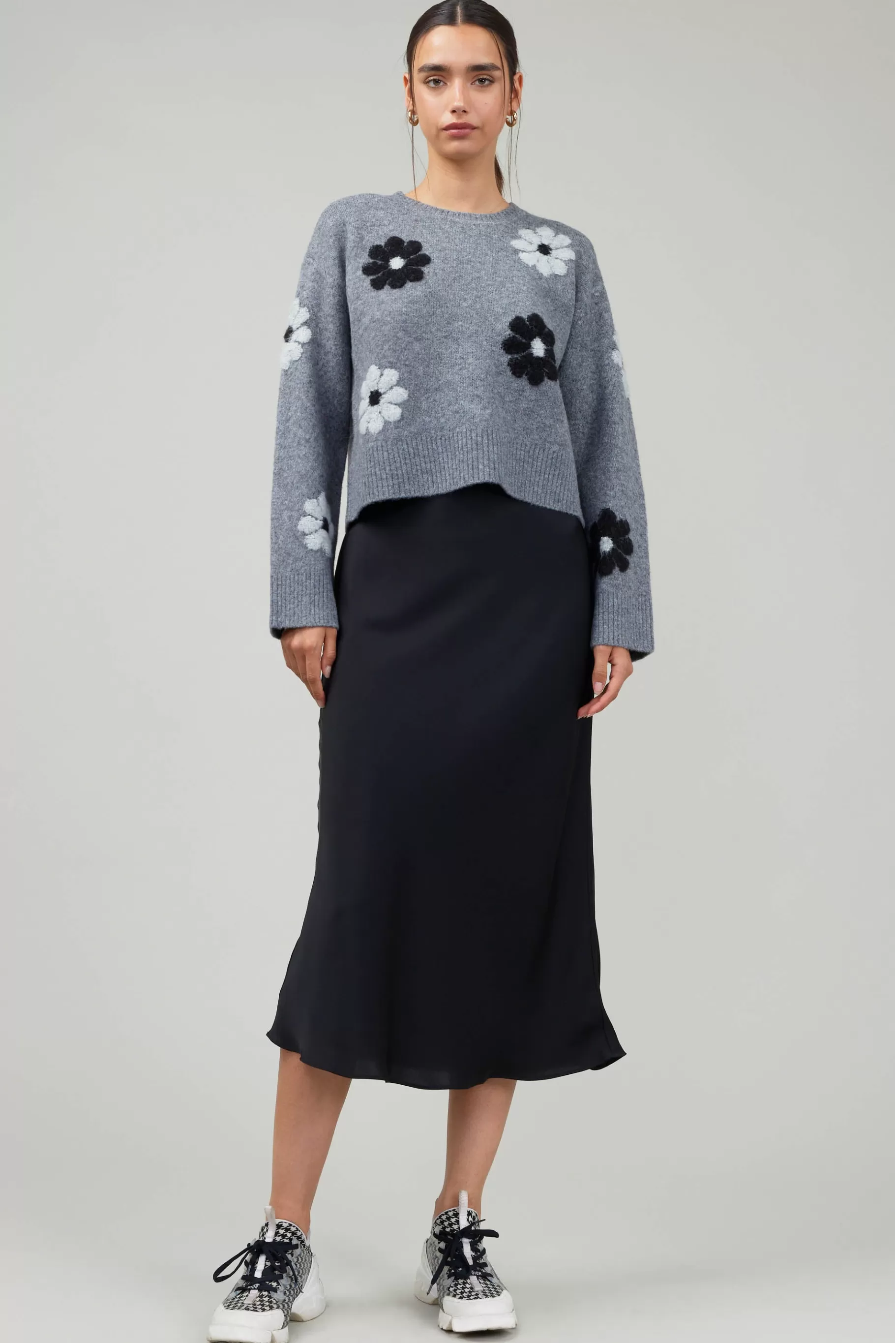 Current Air Knitwear | Sweaters>Daisy Embroidered Sweater MELANGEGREY