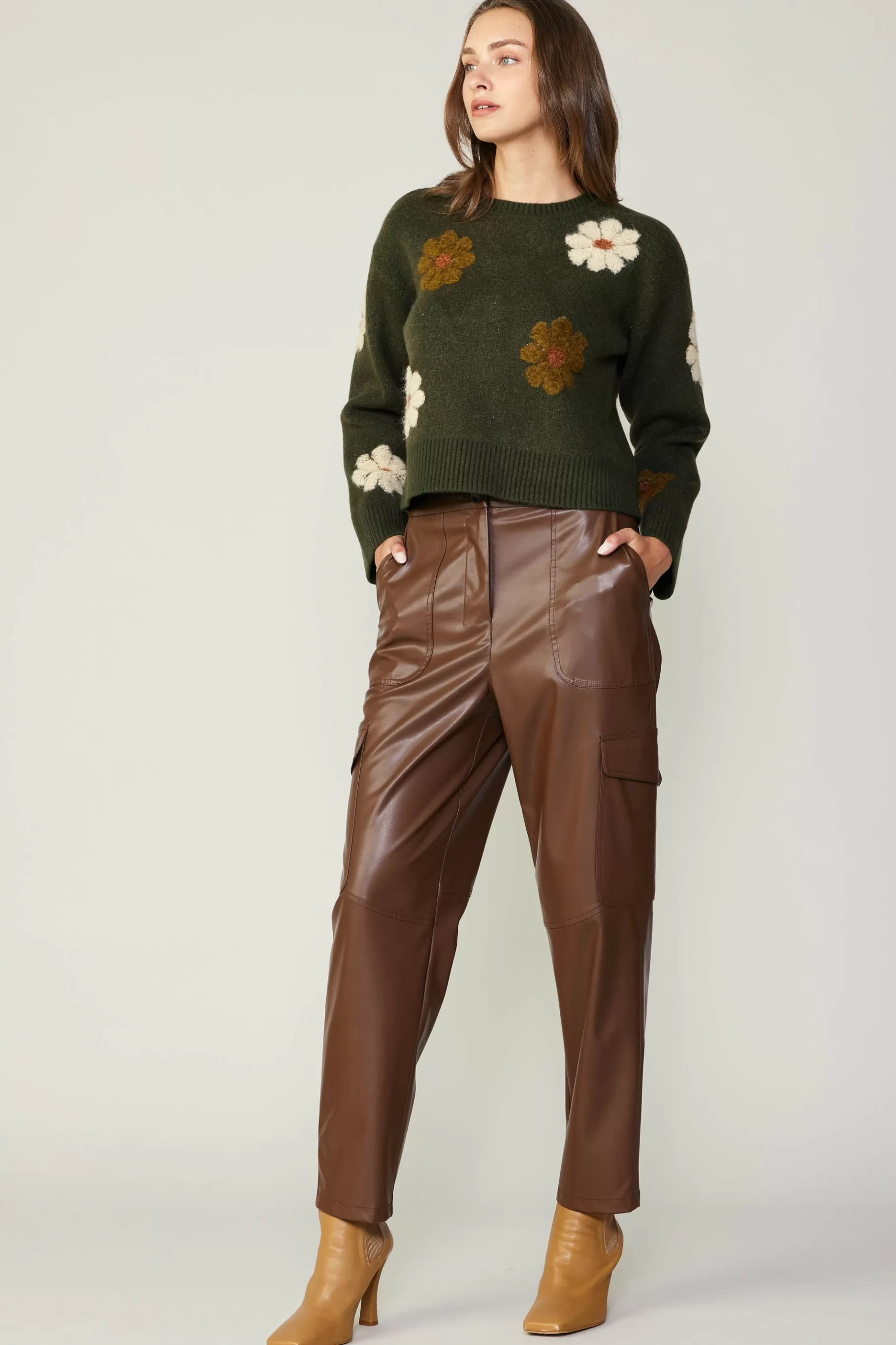 Current Air Knitwear | Sweaters>Daisy Embroidered Sweater KHAKI
