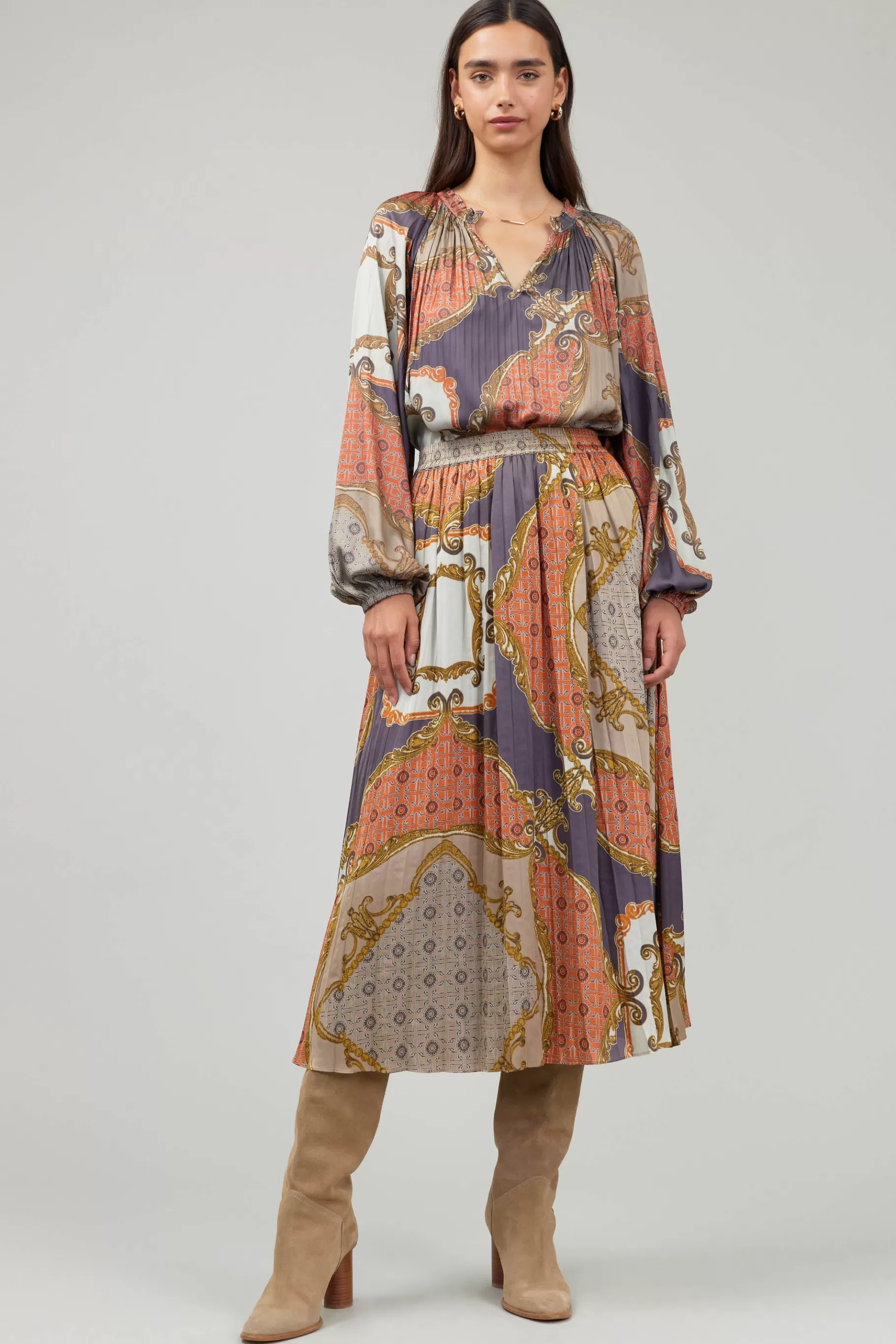 Current Air Skirts>Damask Patterned Midi Skirt BROWNMLT