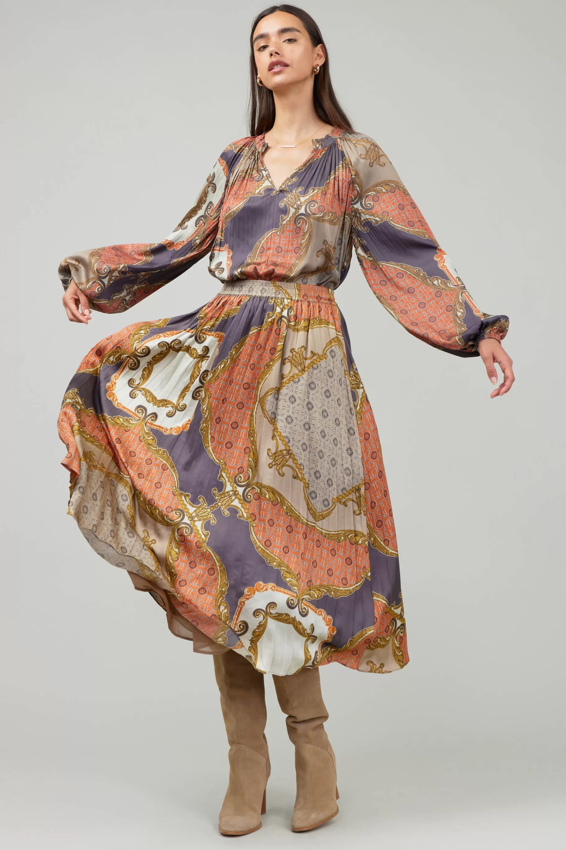 Current Air Skirts>Damask Patterned Midi Skirt BROWNMLT