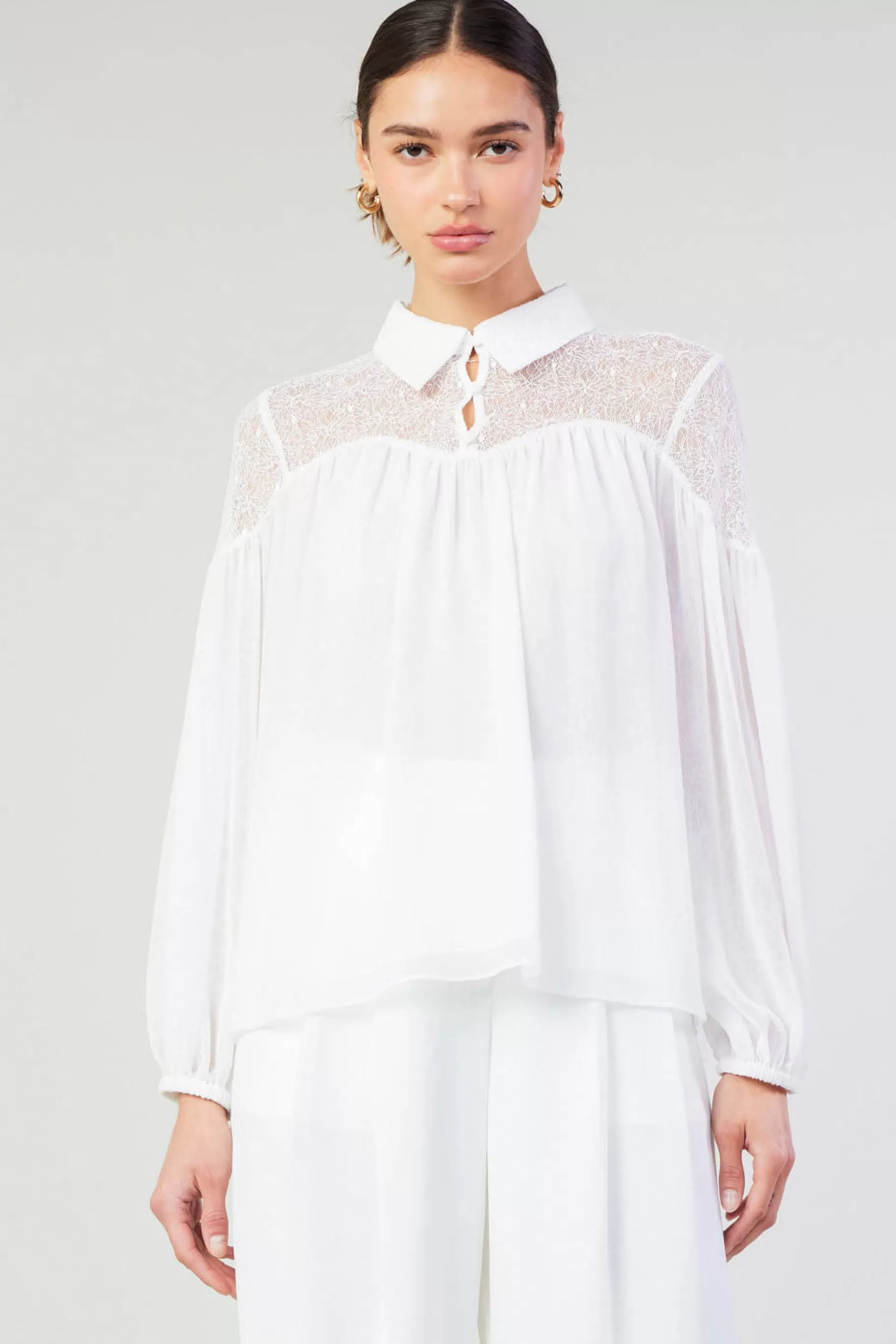 Current Air Long Sleeve Tops>Elyse Lace Yoke Blouse WHITE