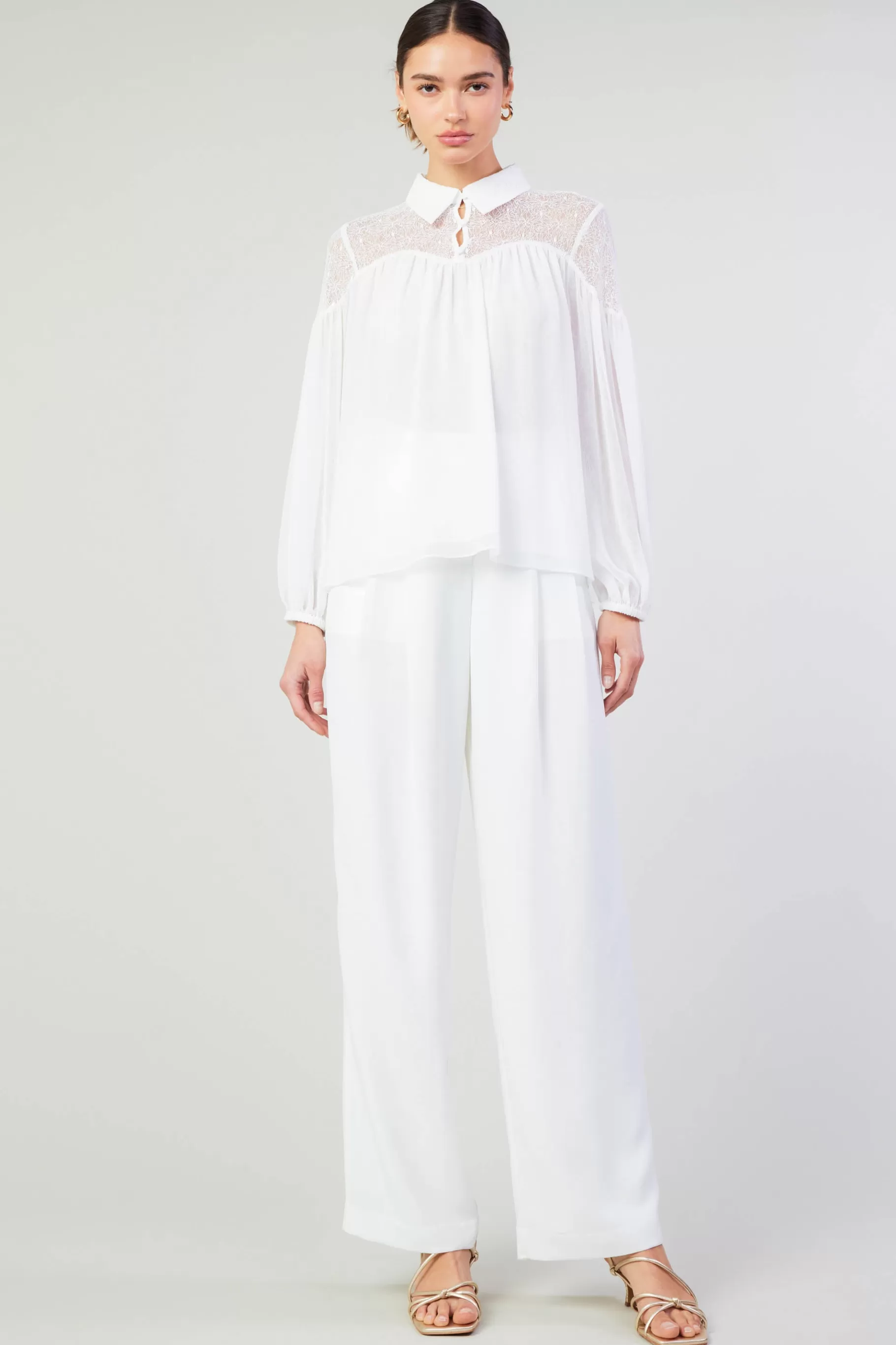 Current Air Long Sleeve Tops>Elyse Lace Yoke Blouse WHITE