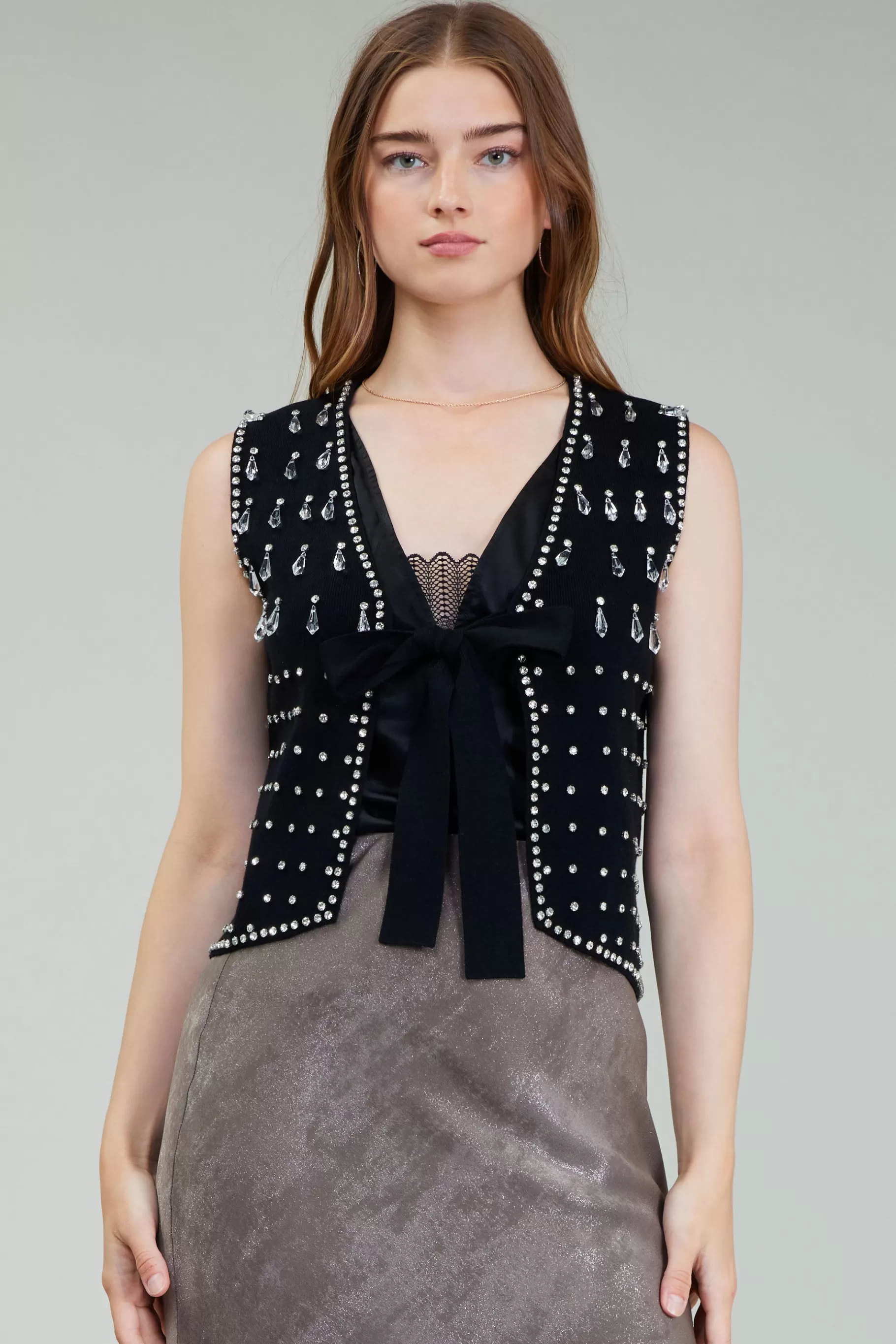 Current Air Cardigans>Embellished Cardigan Vest BLACK