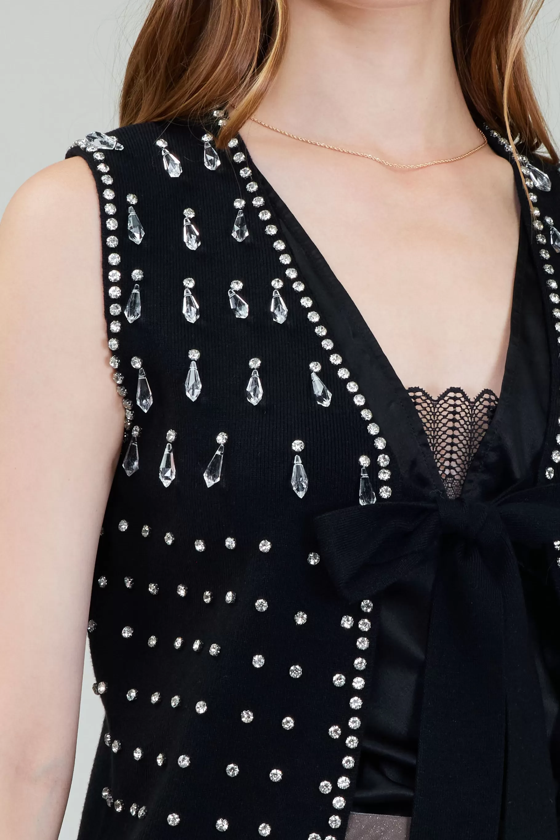 Current Air Cardigans>Embellished Cardigan Vest BLACK