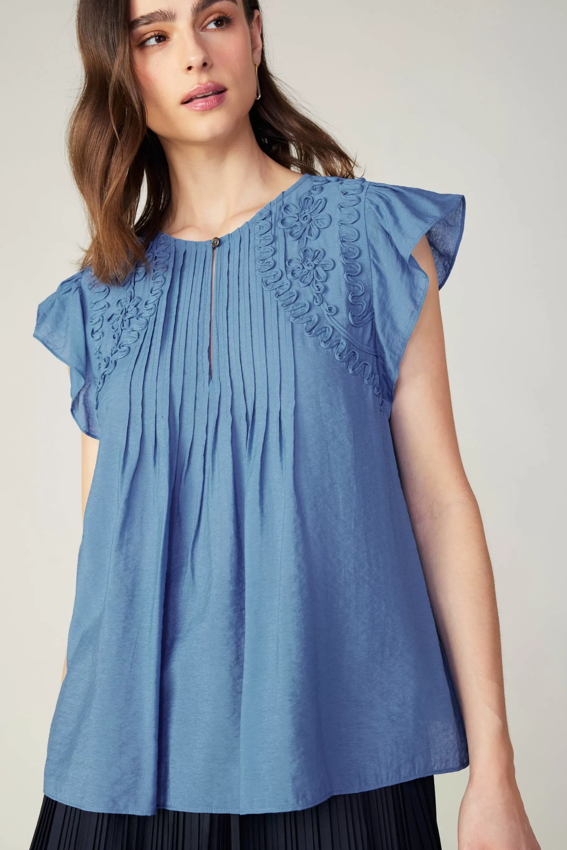 Current Air Sleeveless Tops | Short Sleeve Tops>Embroidered Cap Sleeve Top DENIMBLUE