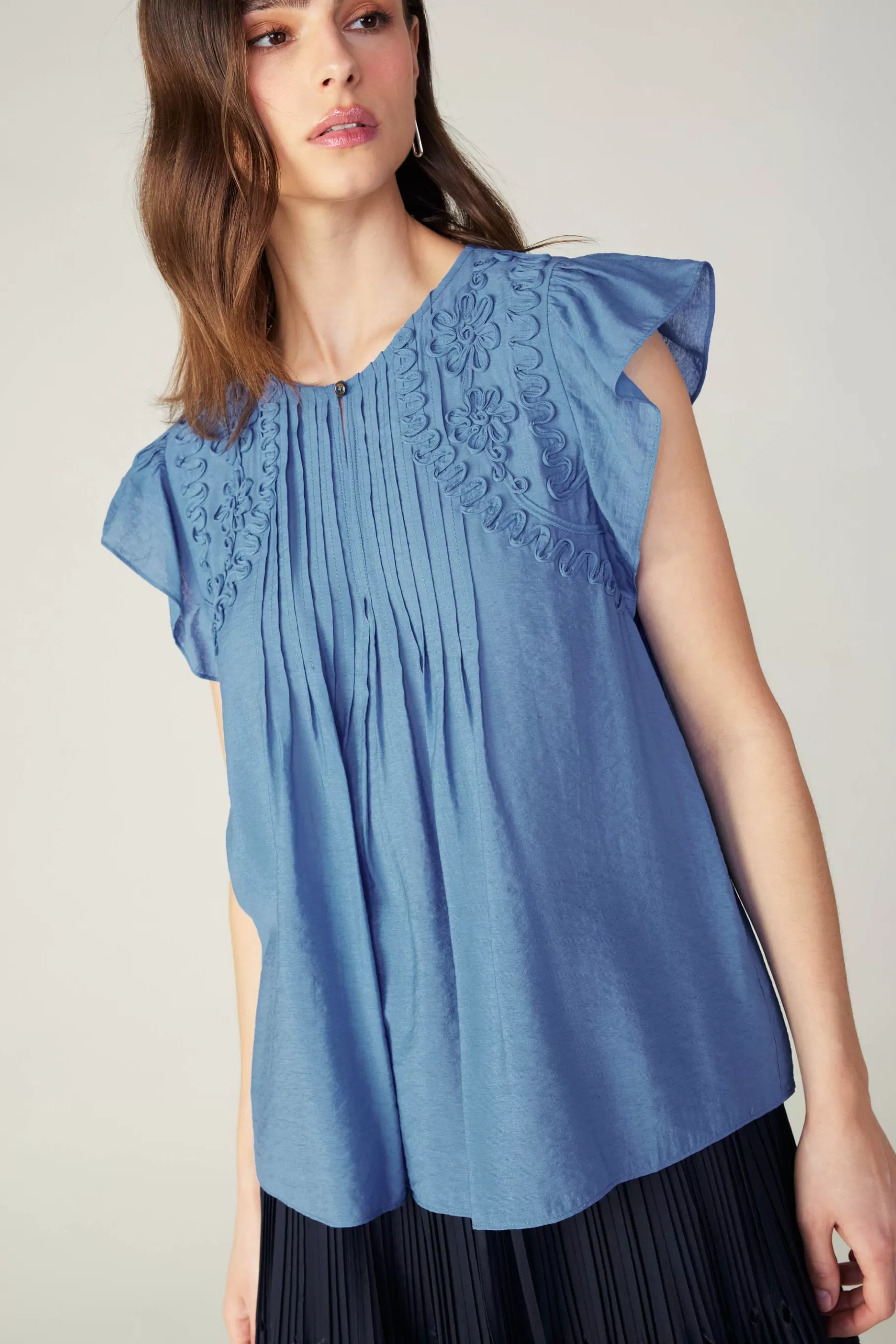 Current Air Sleeveless Tops | Short Sleeve Tops>Embroidered Cap Sleeve Top DENIMBLUE