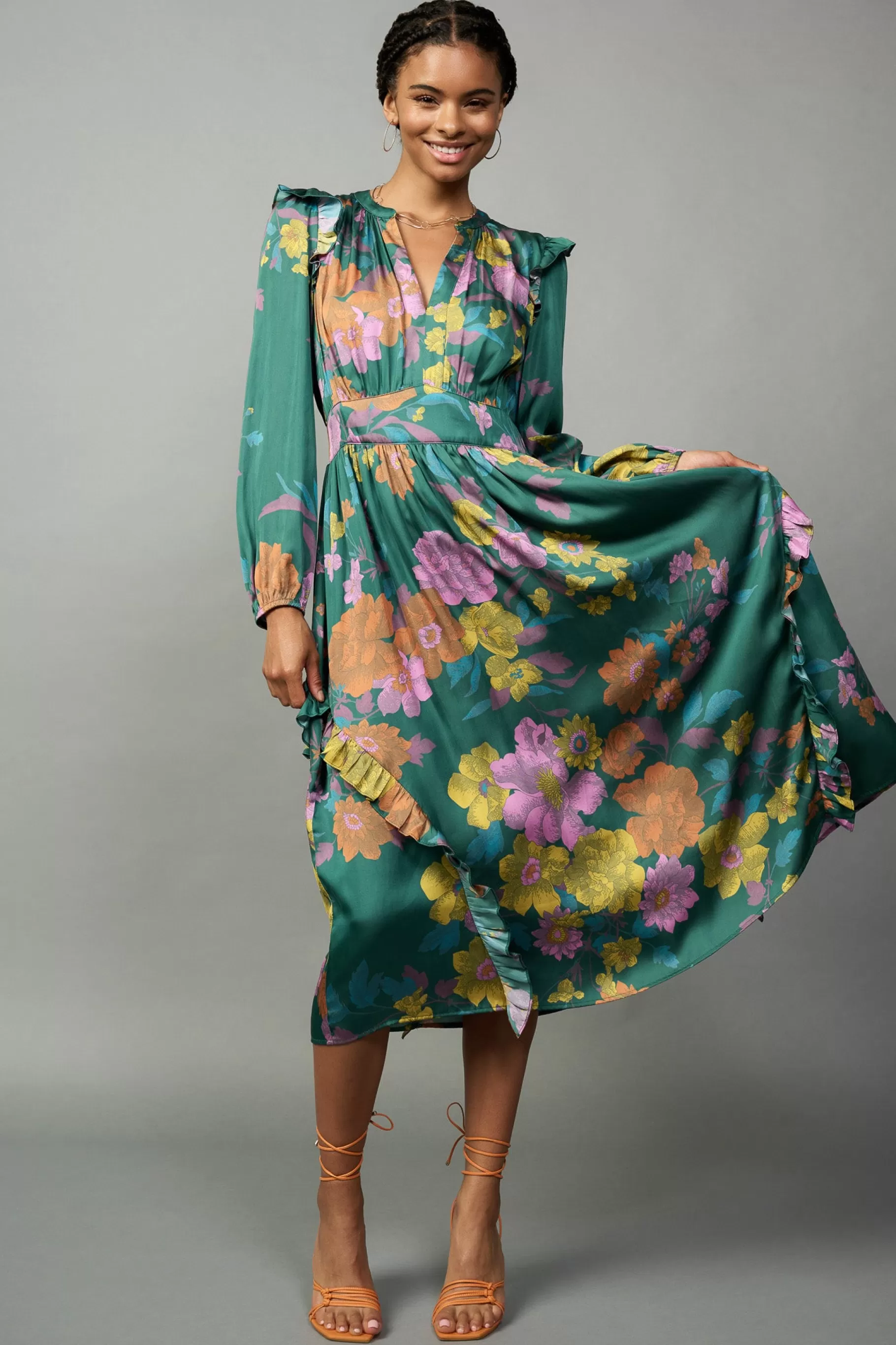 Current Air Midi Dresses>Emmaline Botanical Midi Dress GREENFLORAL