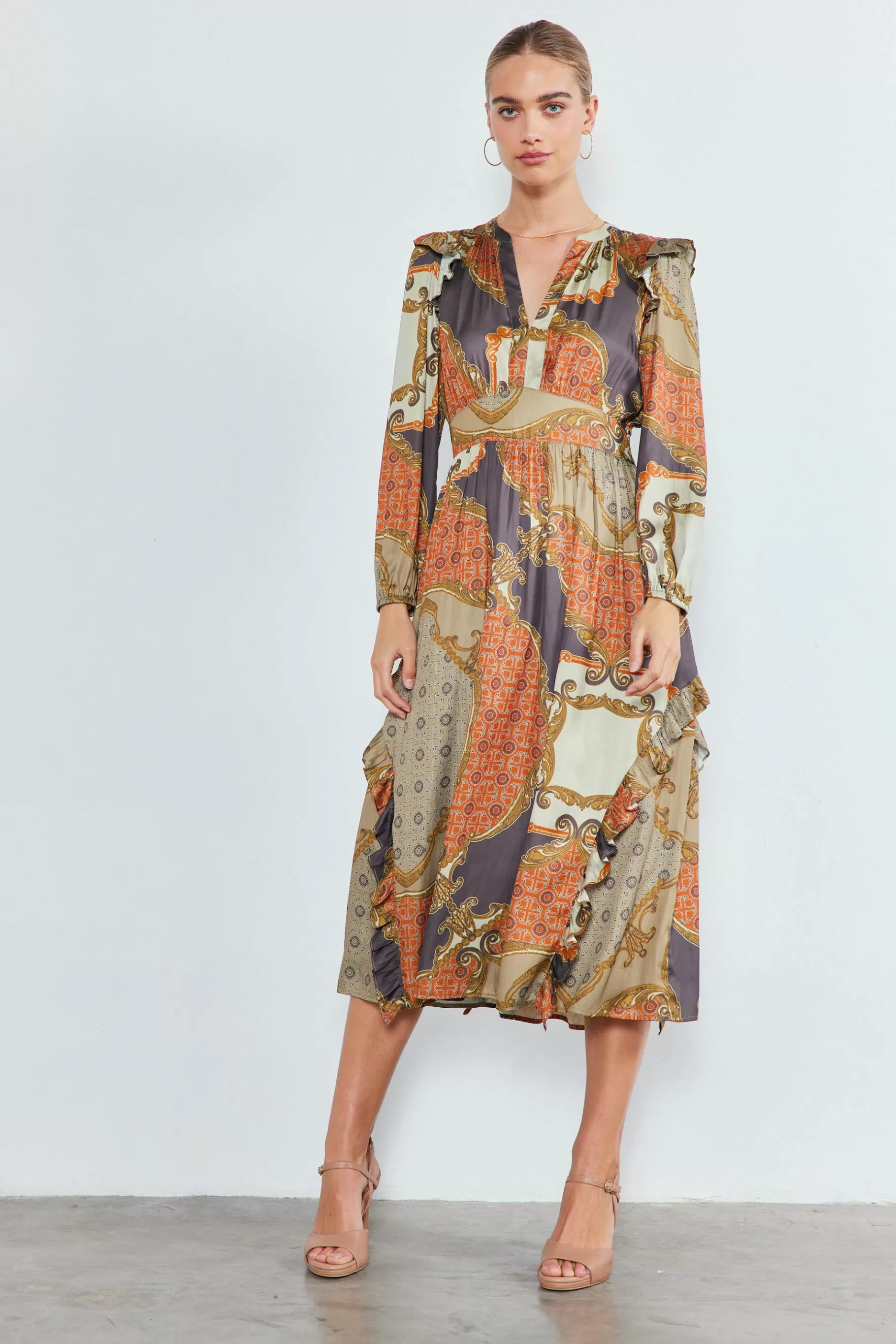 Current Air Midi Dresses>Emmaline Ruffled Midi Dress BROWNMLT