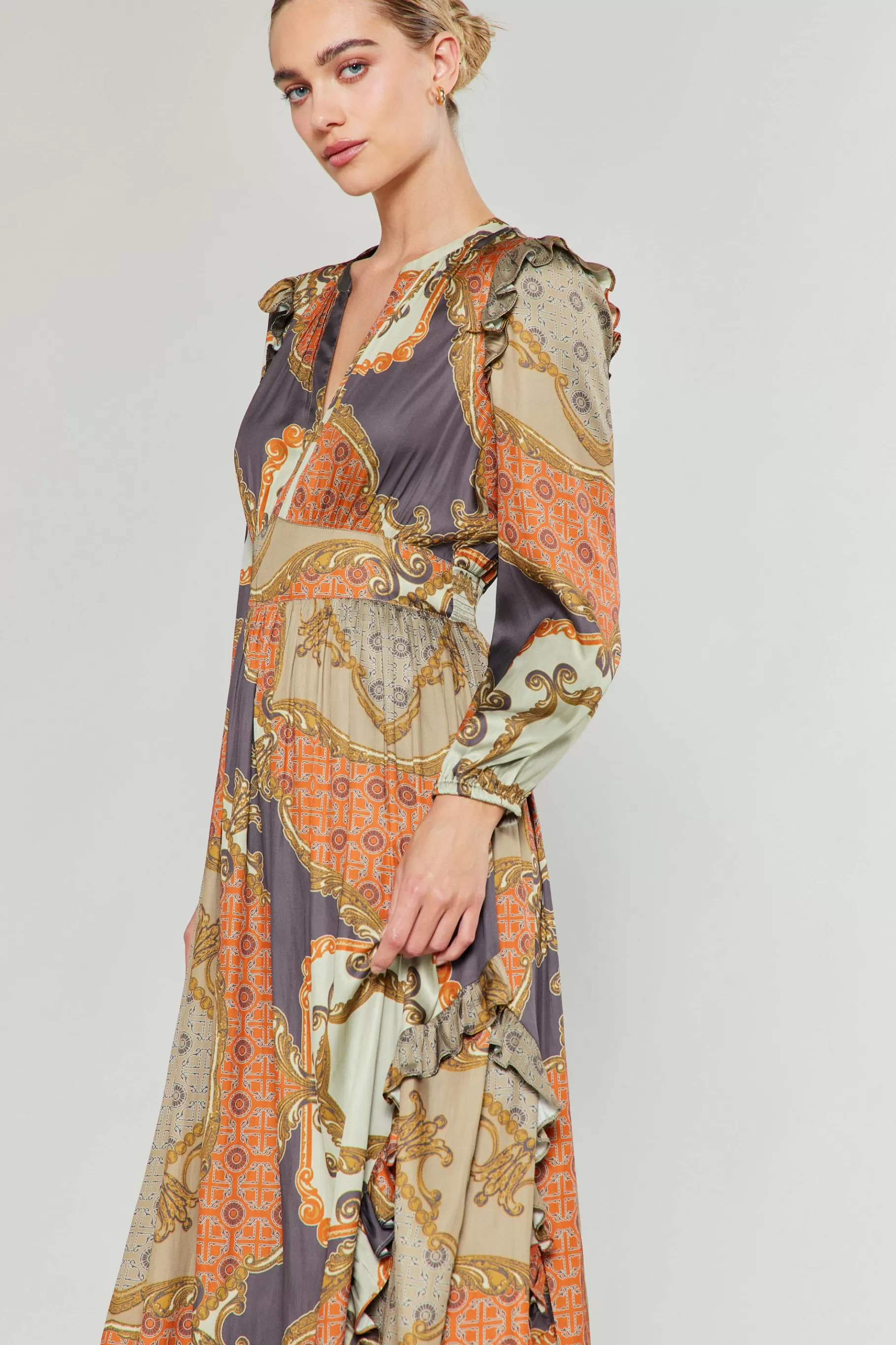 Current Air Midi Dresses>Emmaline Ruffled Midi Dress BROWNMLT