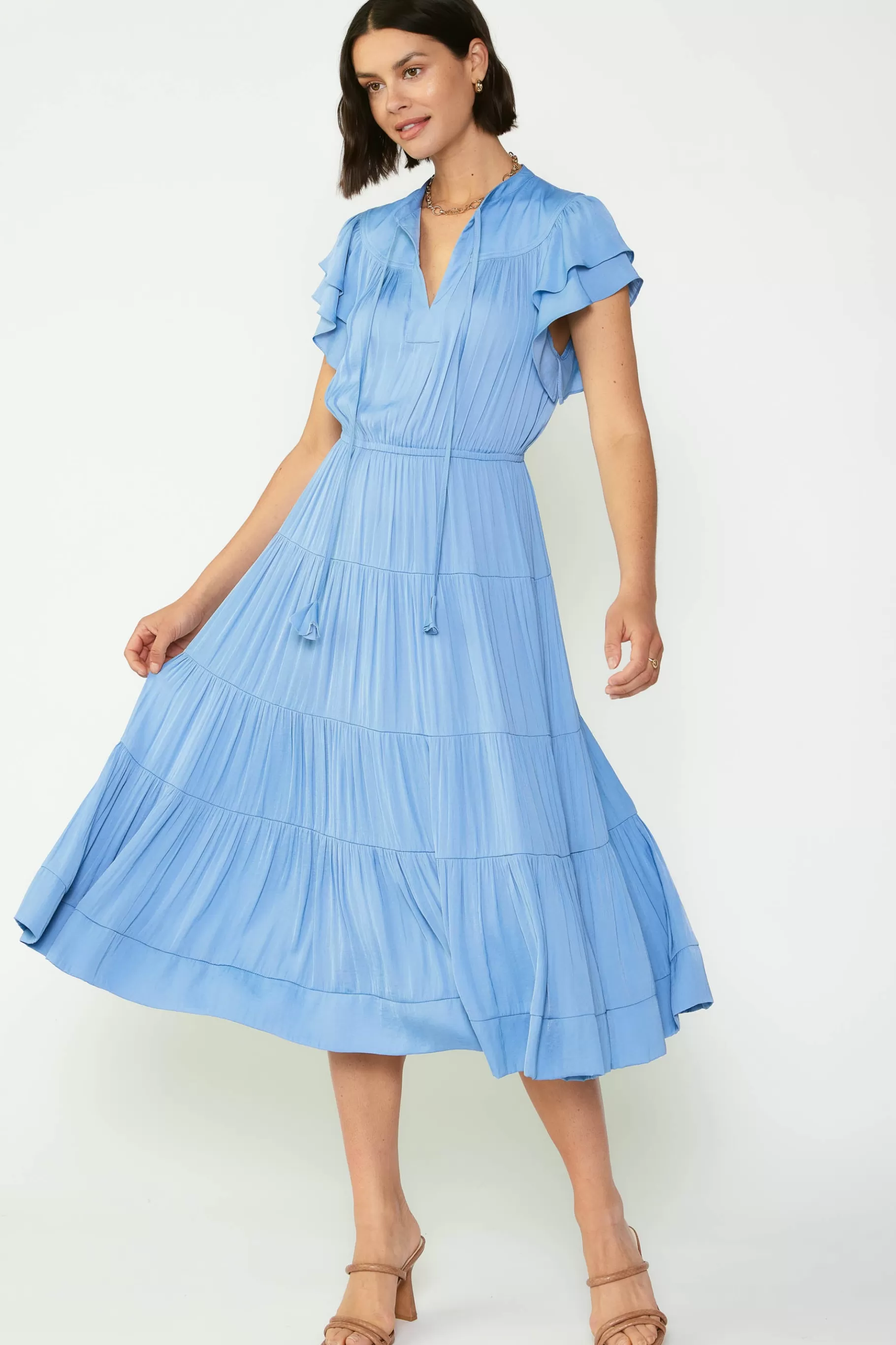 Current Air Midi Dresses>Everleigh Flutter Sleeve Midi Dress LIGHTDUSTYBLUE