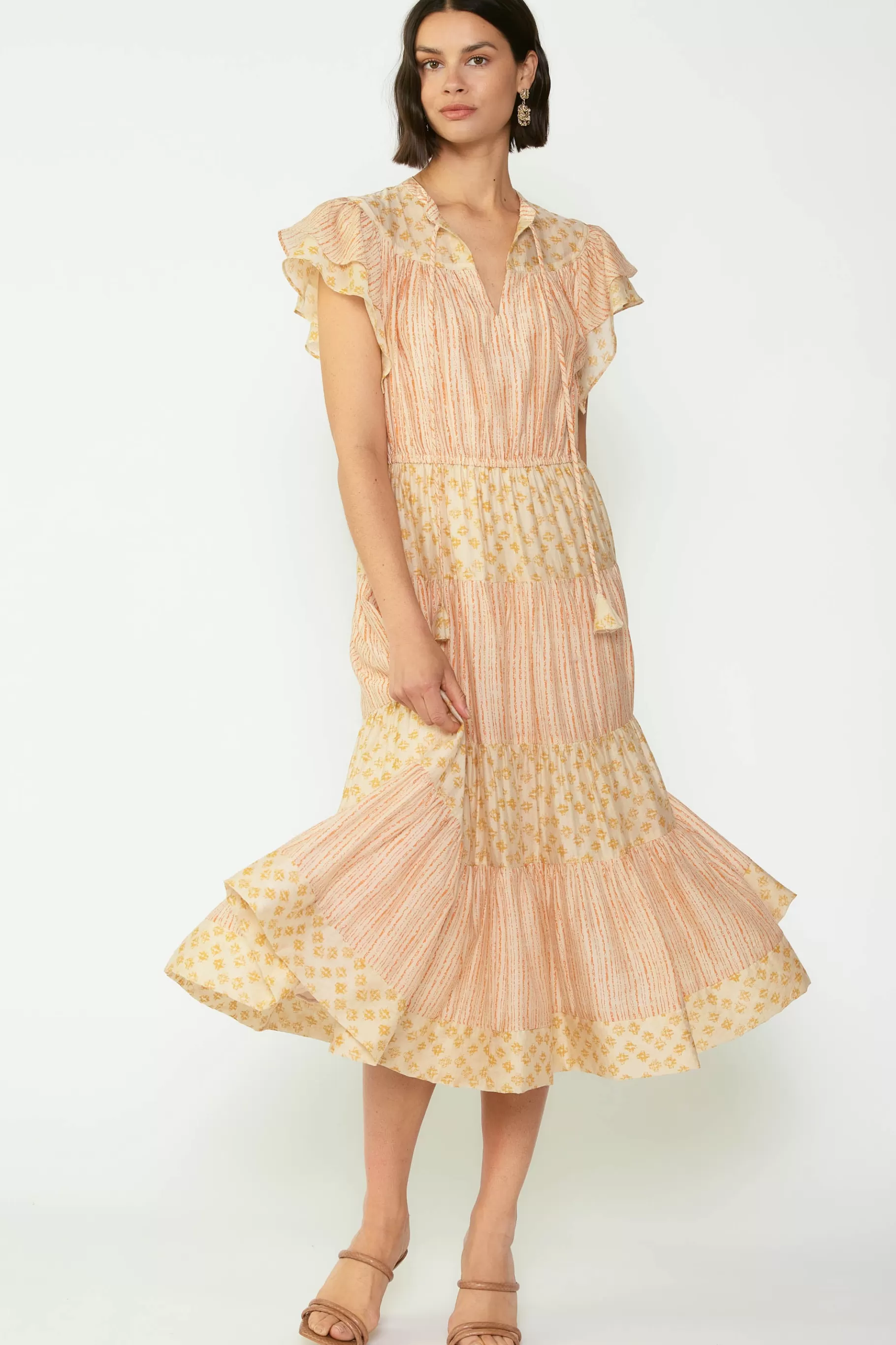 Current Air Midi Dresses>Everleigh Flutter Sleeve Midi Dress APRICOTMLT
