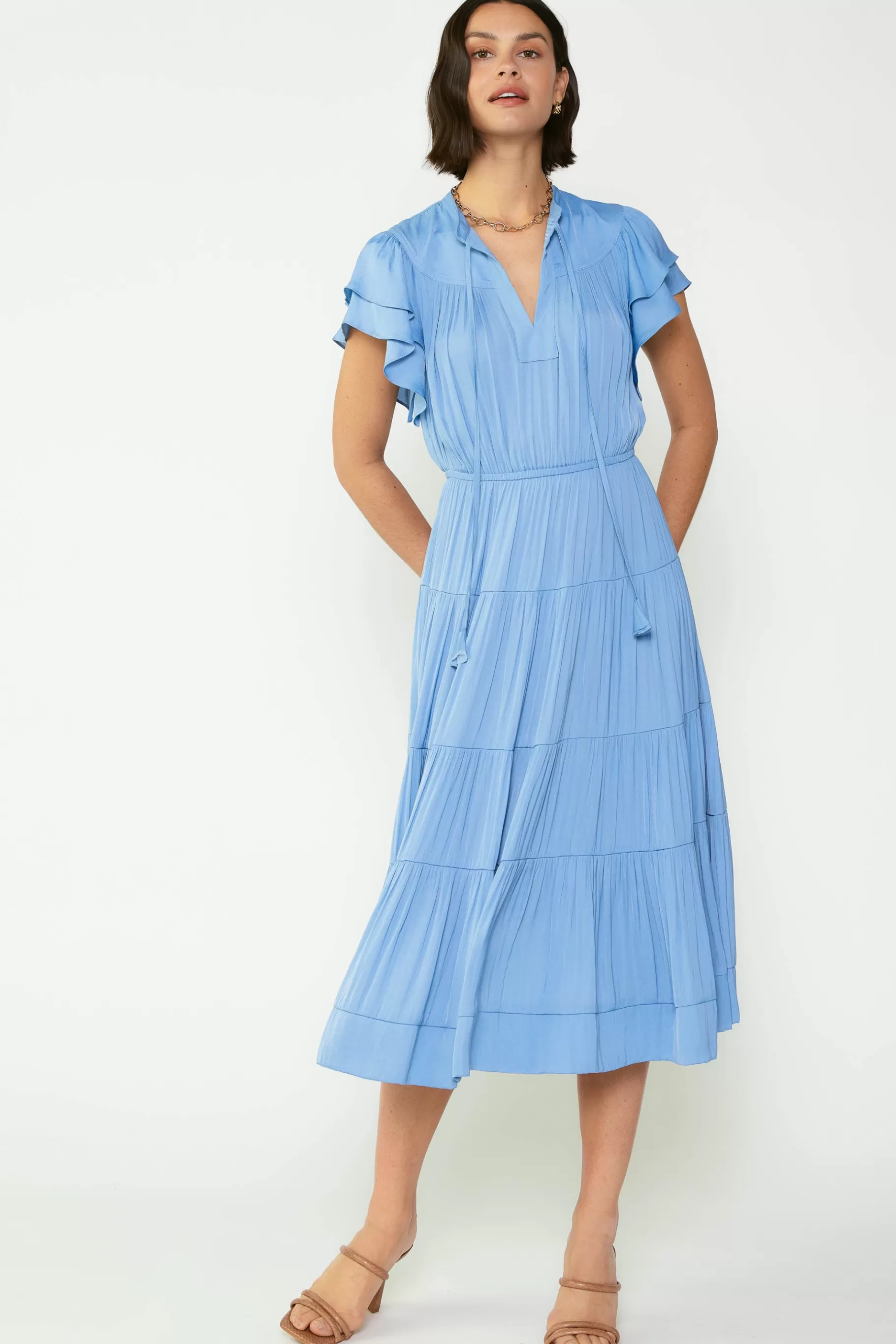 Current Air Midi Dresses>Everleigh Flutter Sleeve Midi Dress LIGHTDUSTYBLUE