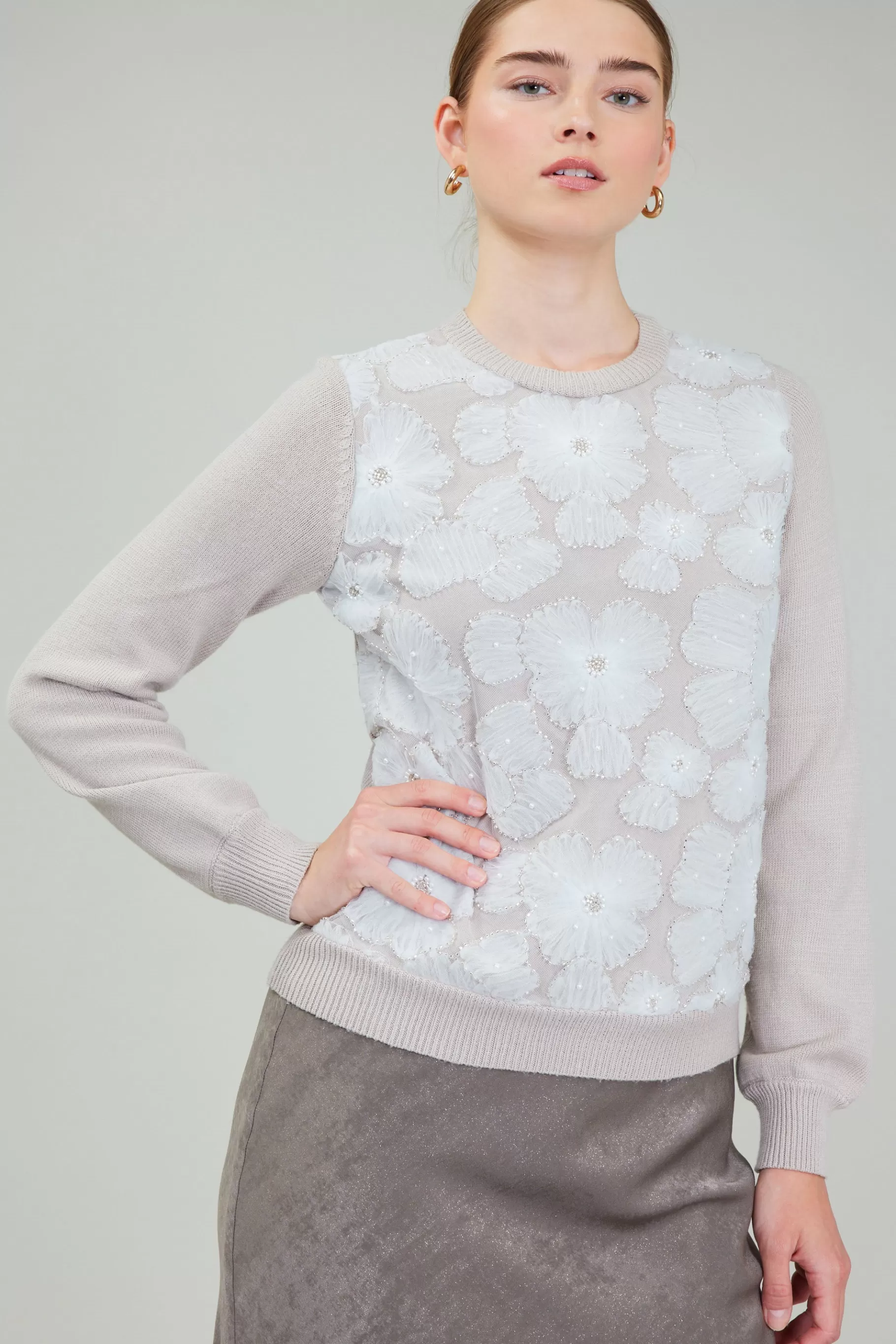 Current Air Knitwear | Sweaters>Floral Applique Sweater LIGHTBEIGE