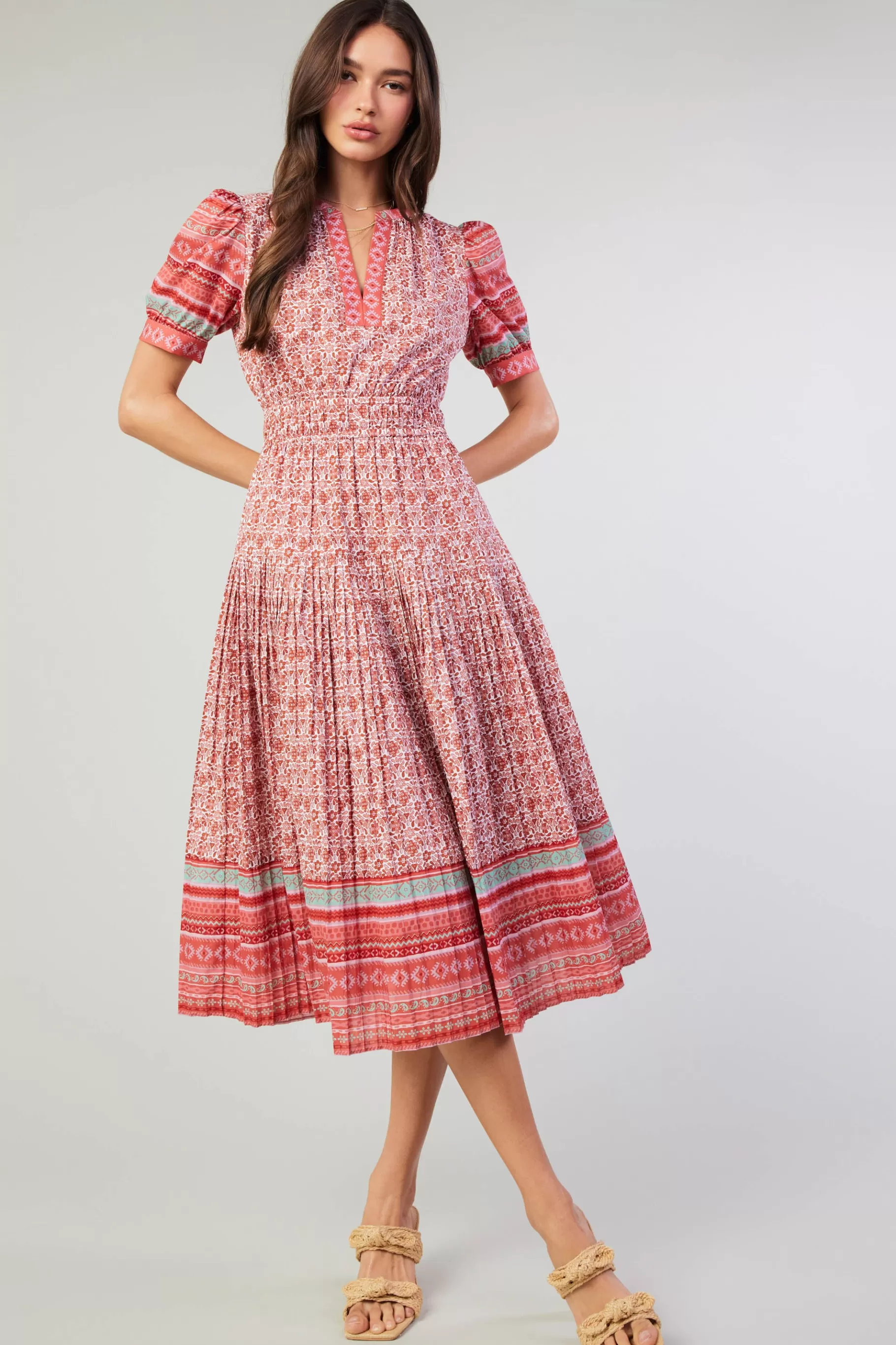 Current Air Midi Dresses>Floral Bohemian Midi Dress REDMLT