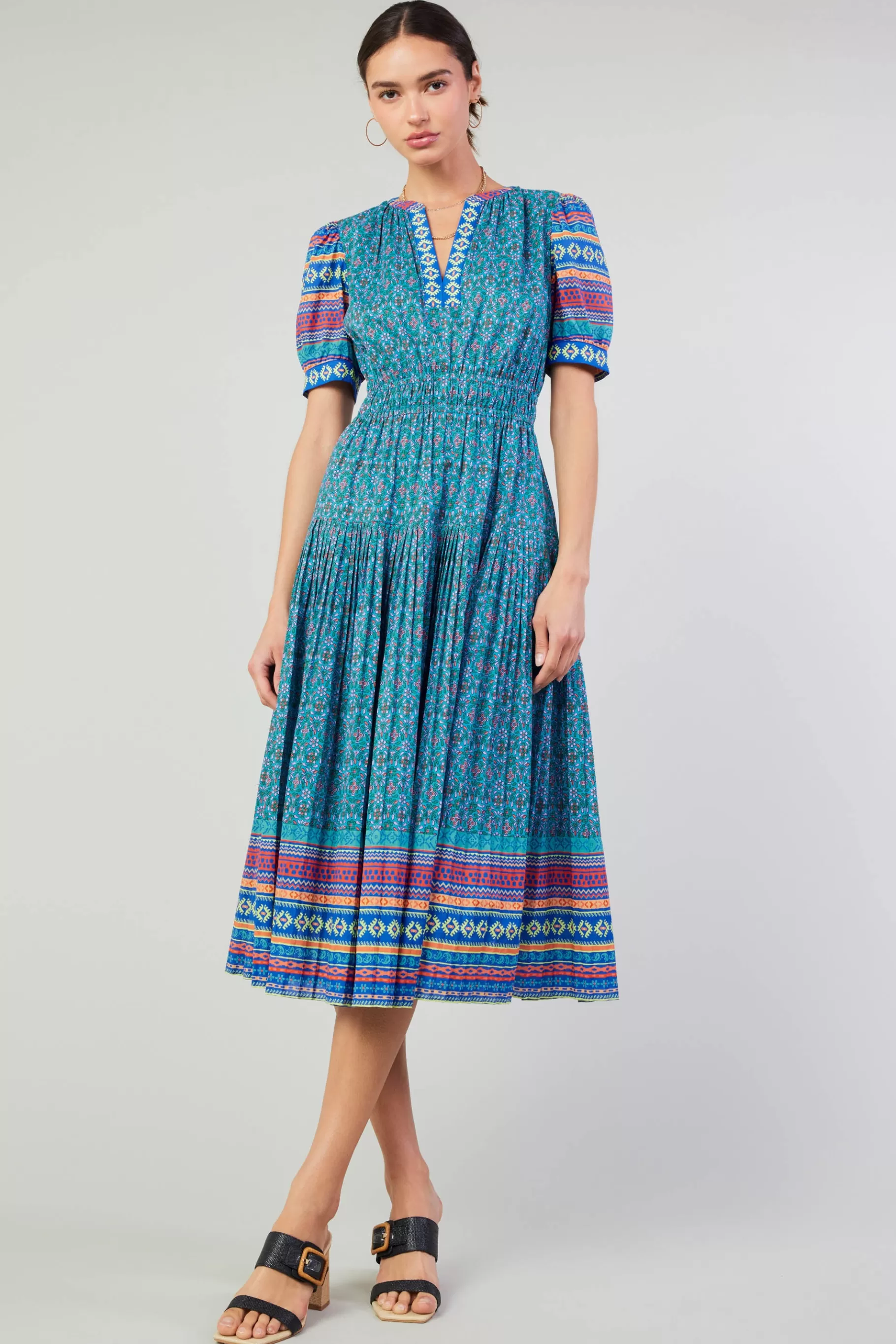 Current Air Midi Dresses>Floral Bohemian Midi Dress BLUEMLT