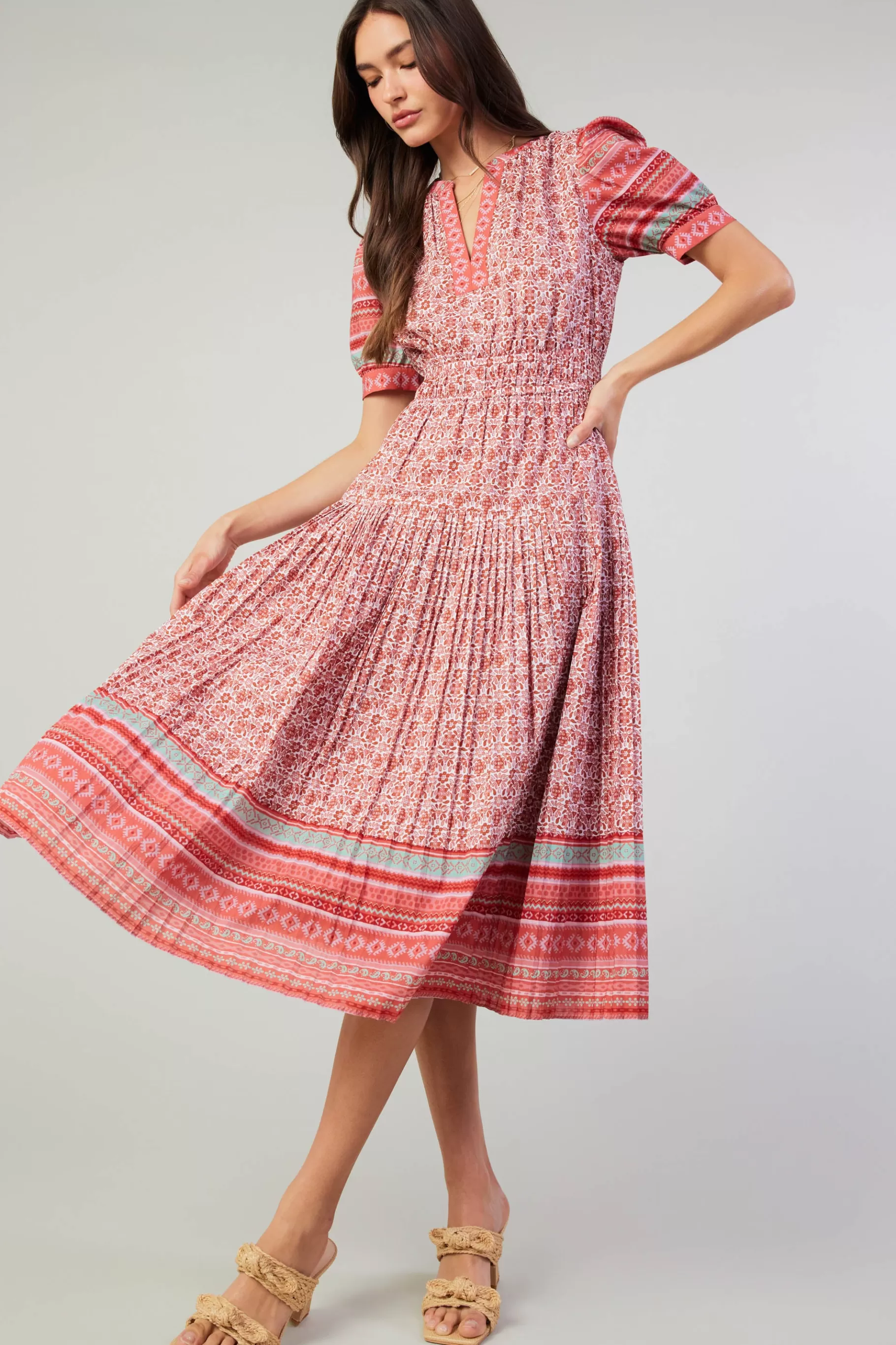 Current Air Midi Dresses>Floral Bohemian Midi Dress REDMLT