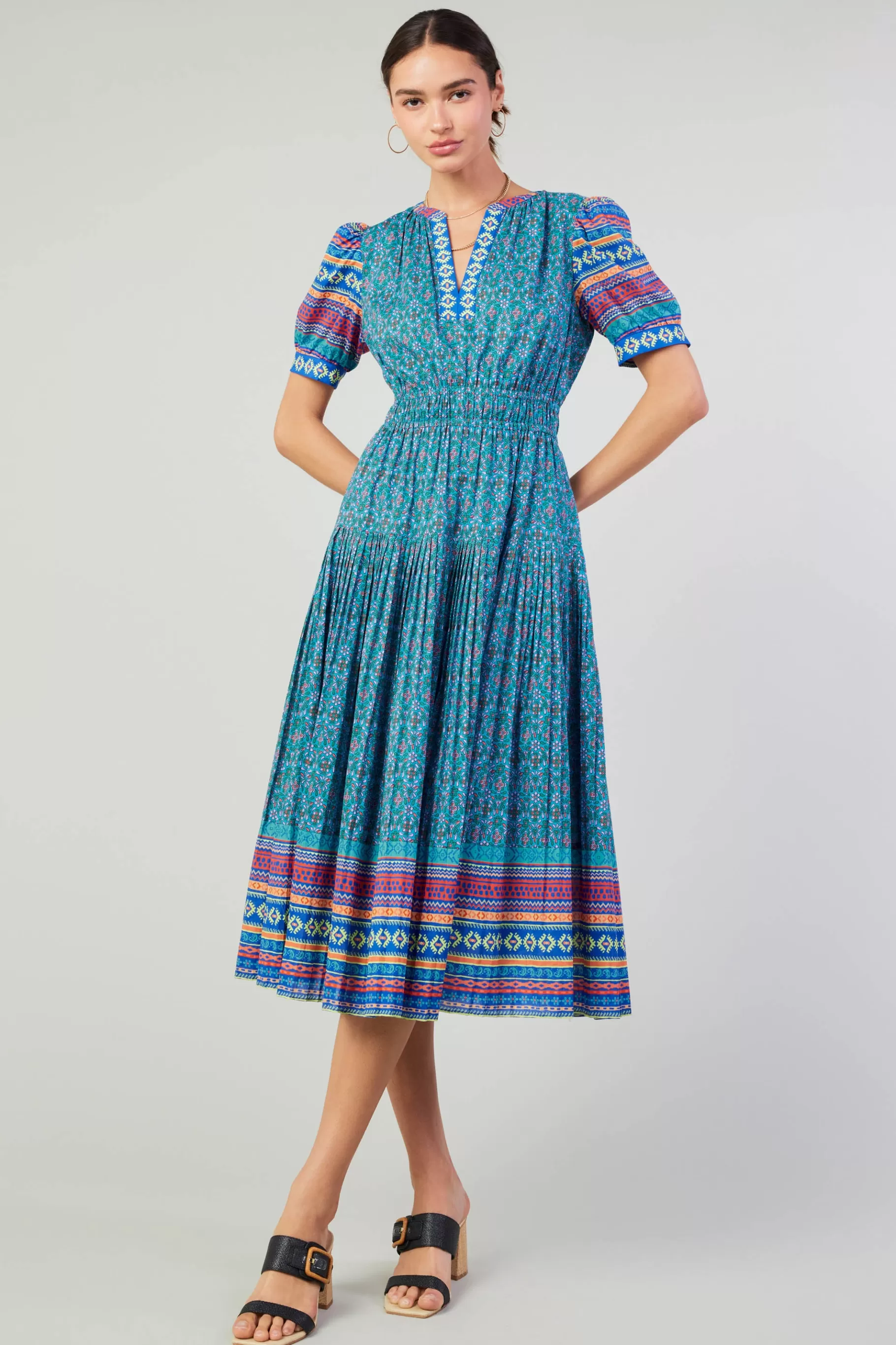 Current Air Midi Dresses>Floral Bohemian Midi Dress BLUEMLT