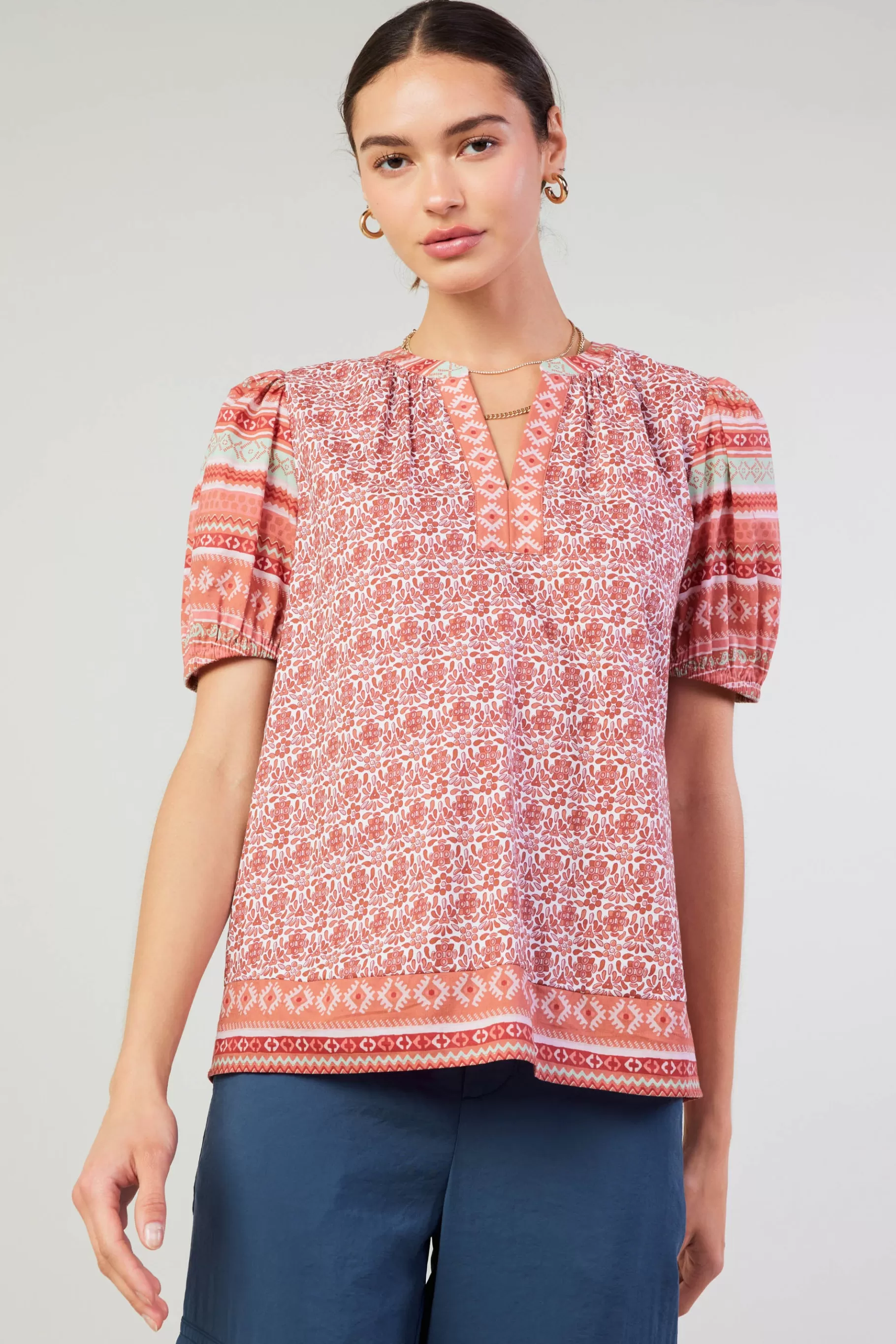 Current Air Short Sleeve Tops>Floral Bohemian Top REDMLT