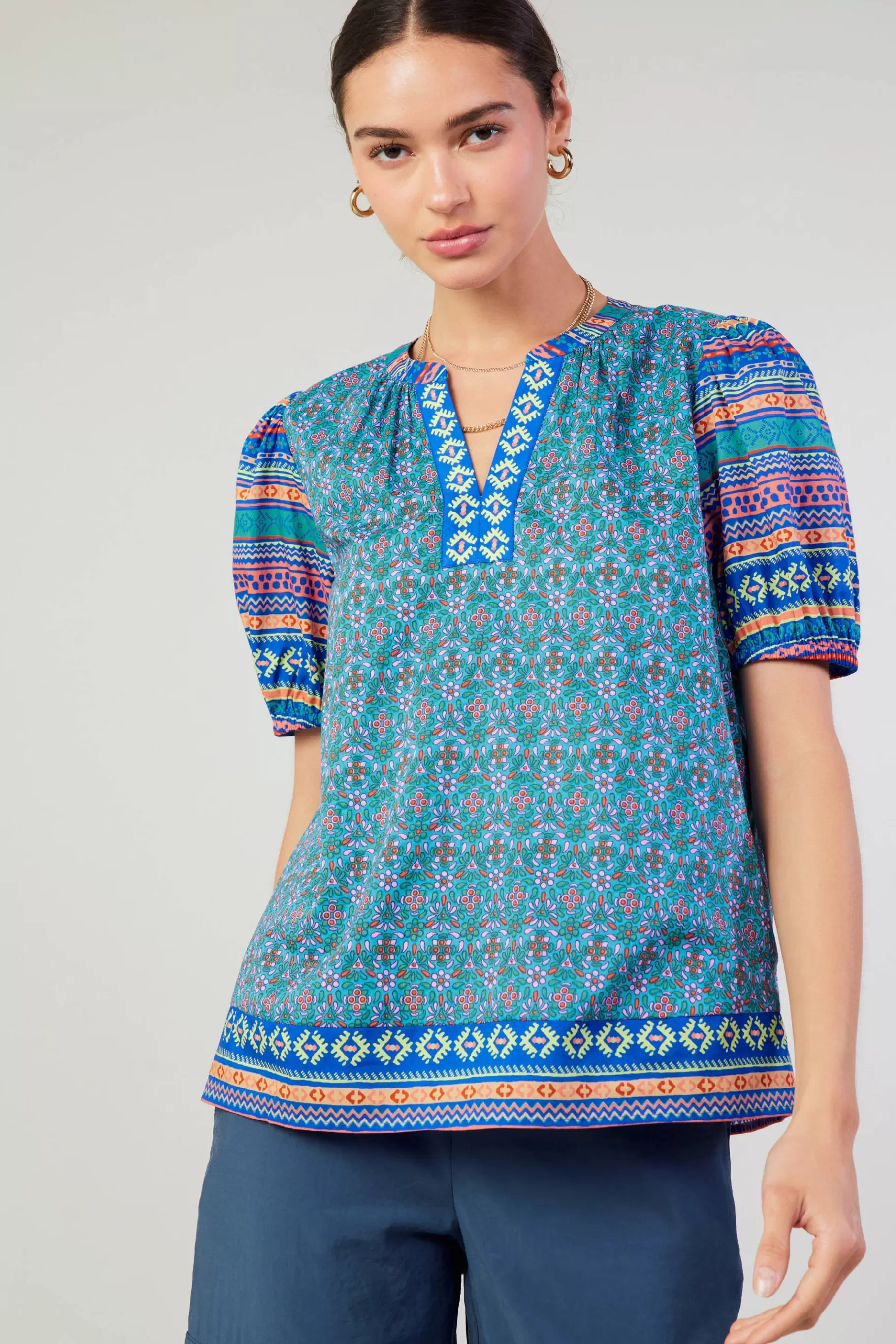 Current Air Short Sleeve Tops>Floral Bohemian Top BLUEMLT