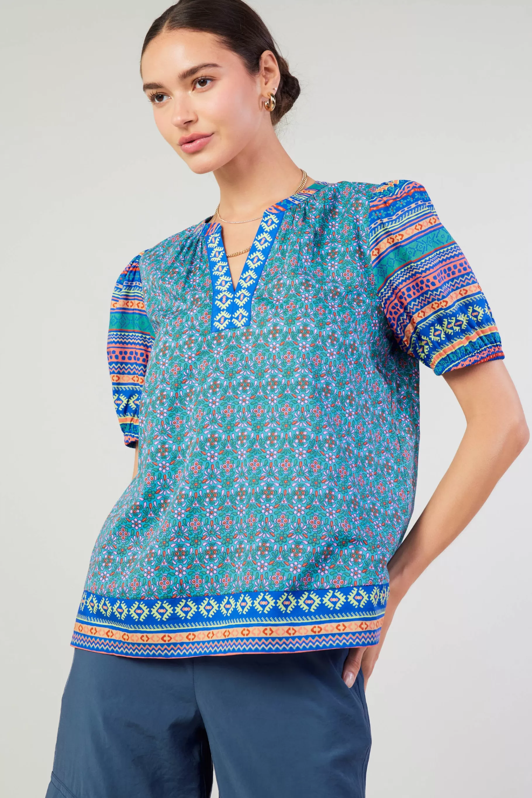 Current Air Short Sleeve Tops>Floral Bohemian Top BLUEMLT
