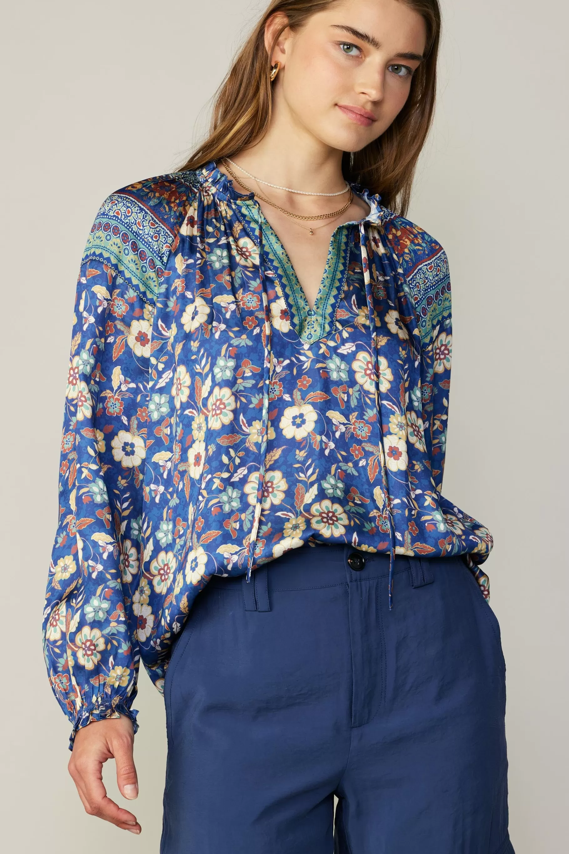 Current Air Long Sleeve Tops>Floral Border Print Blouse NAVYFLORALMLT