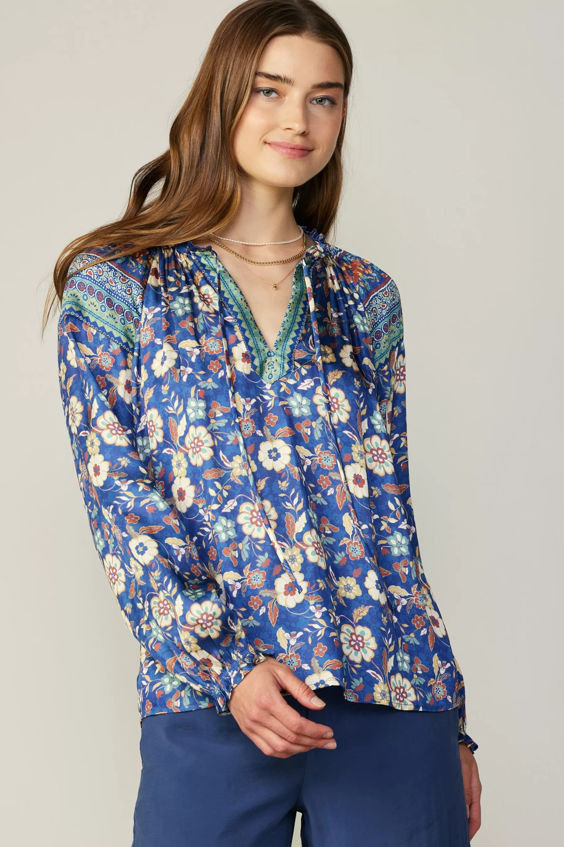 Current Air Long Sleeve Tops>Floral Border Print Blouse NAVYFLORALMLT