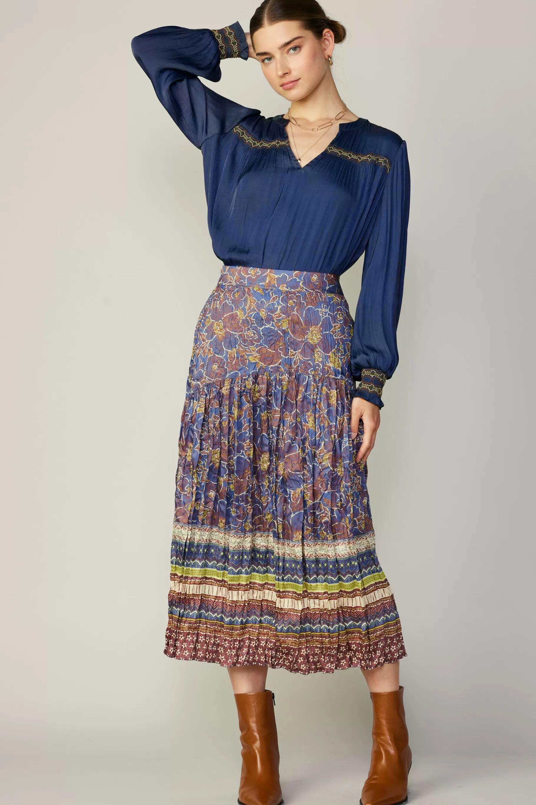 Current Air Skirts>Floral Border Print Midi Skirt BLUEBROWNMLT
