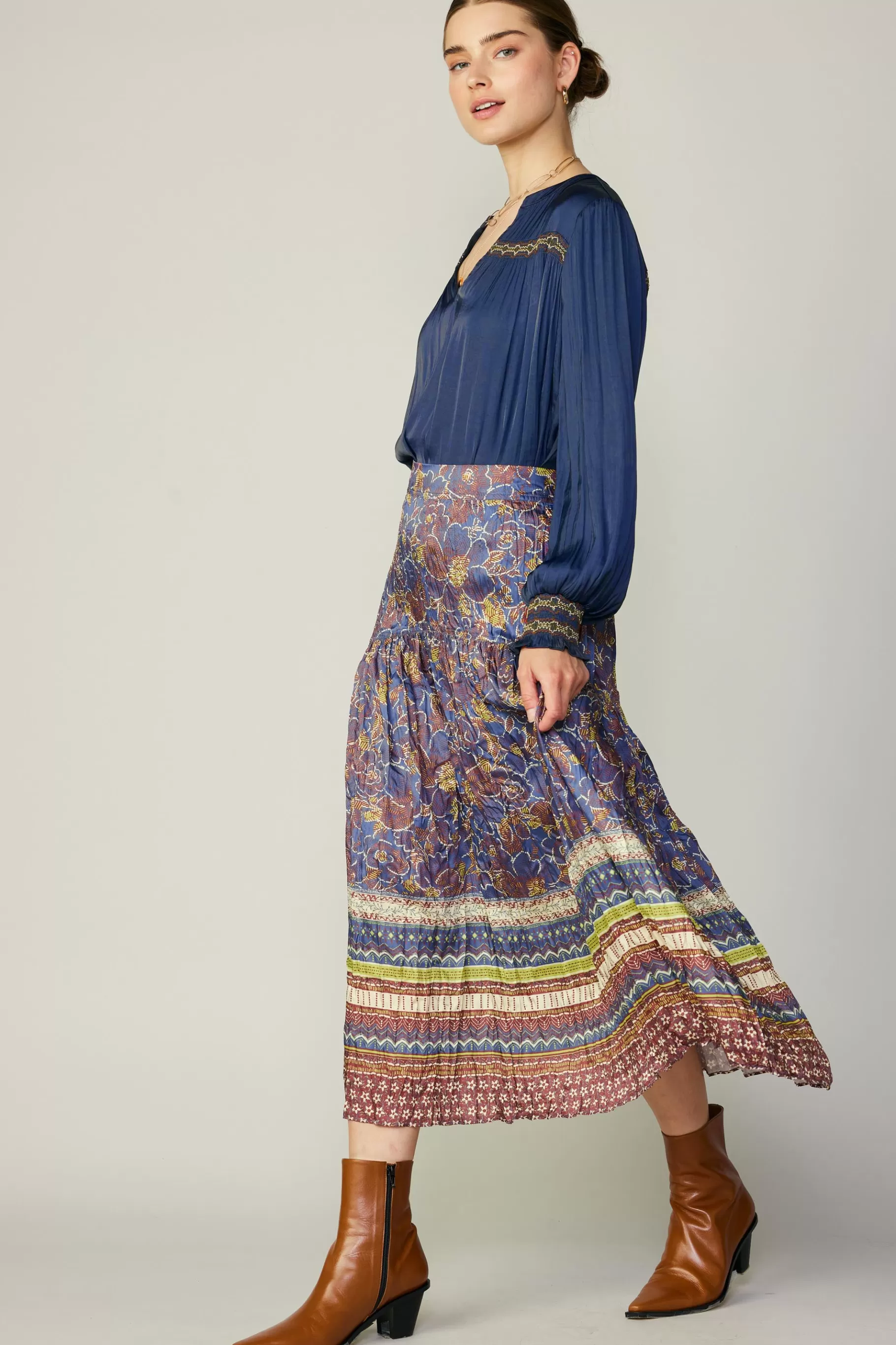 Current Air Skirts>Floral Border Print Midi Skirt BLUEBROWNMLT