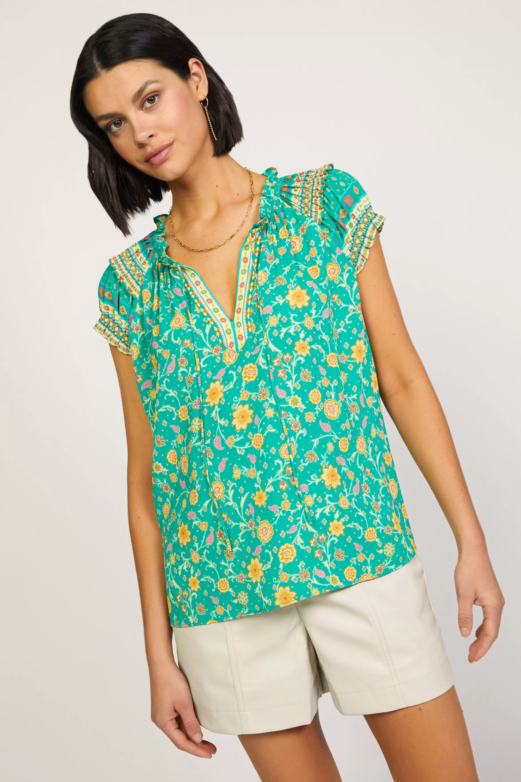 Current Air Sleeveless Tops | Short Sleeve Tops>Floral Border Print Top GREENYELLOWFLORAL