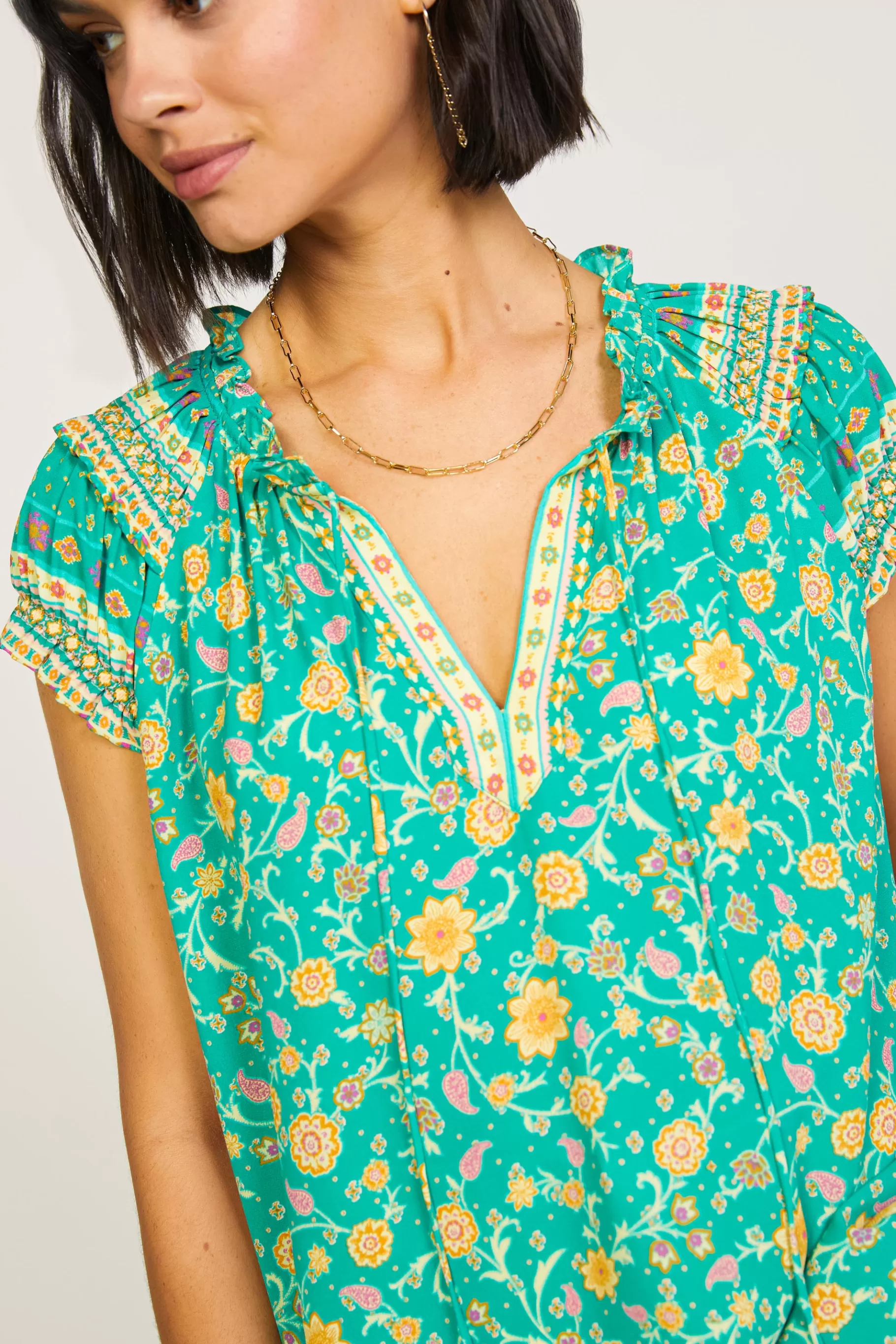 Current Air Sleeveless Tops | Short Sleeve Tops>Floral Border Print Top GREENYELLOWFLORAL