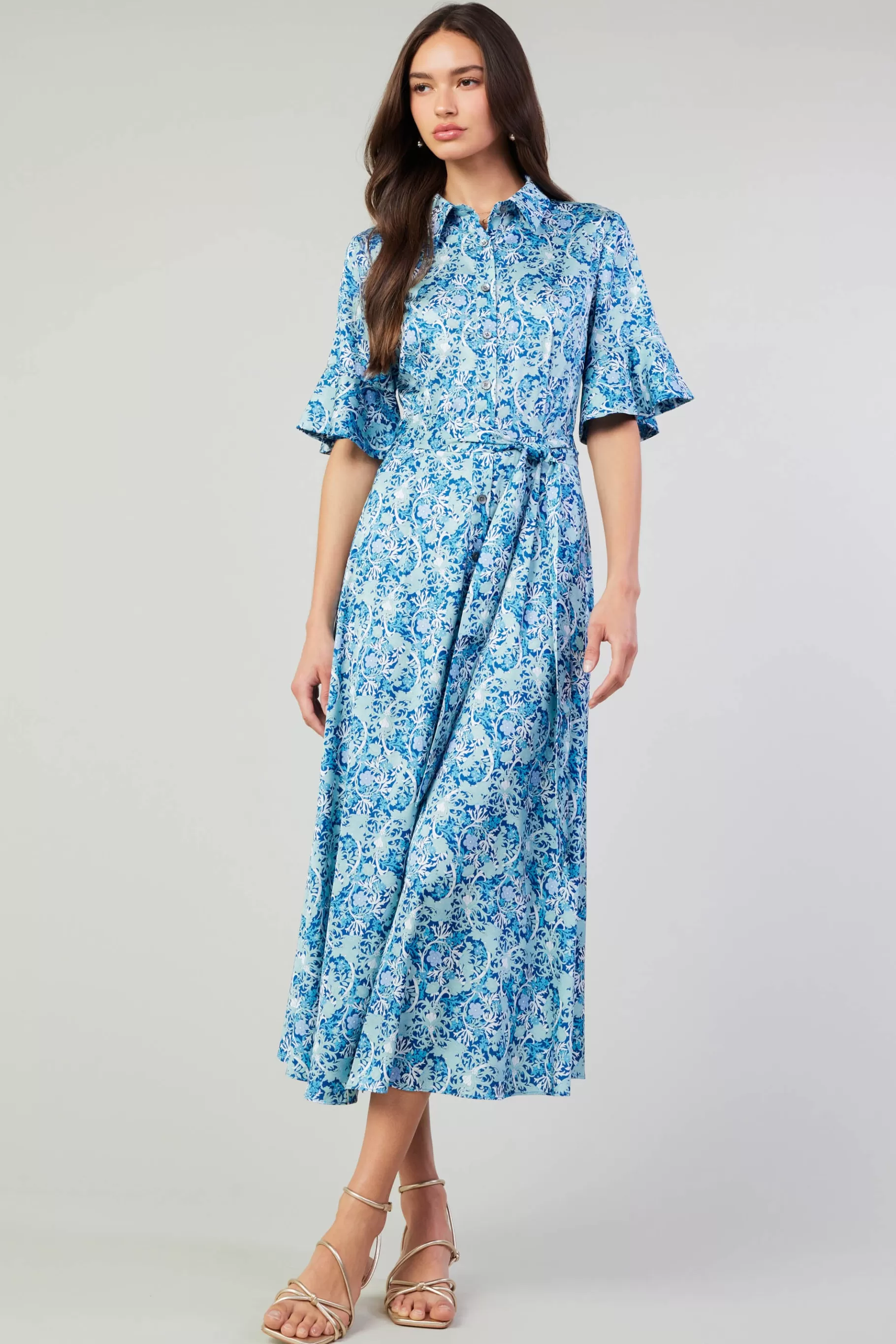 Current Air Midi Dresses>Floral Buttondown Shirt Dress BLUEMLT