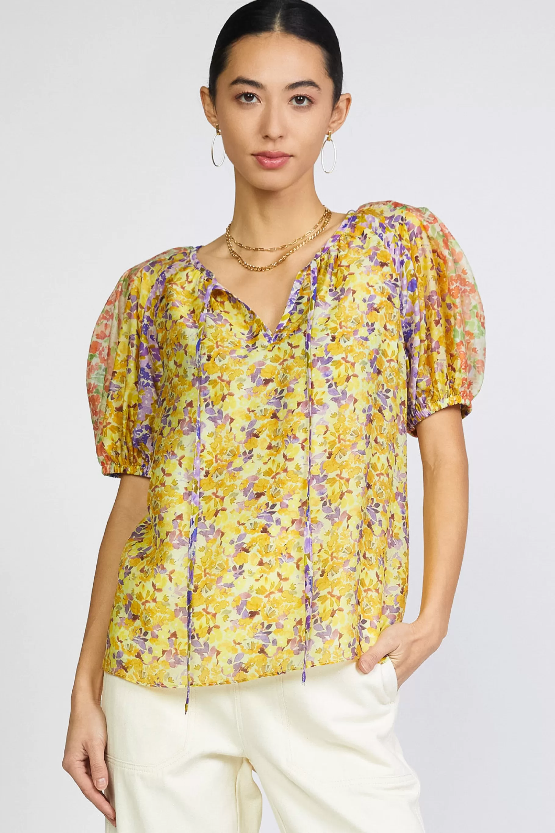 Current Air Short Sleeve Tops>Floral Colorblock Split Neck Blouse MULTI