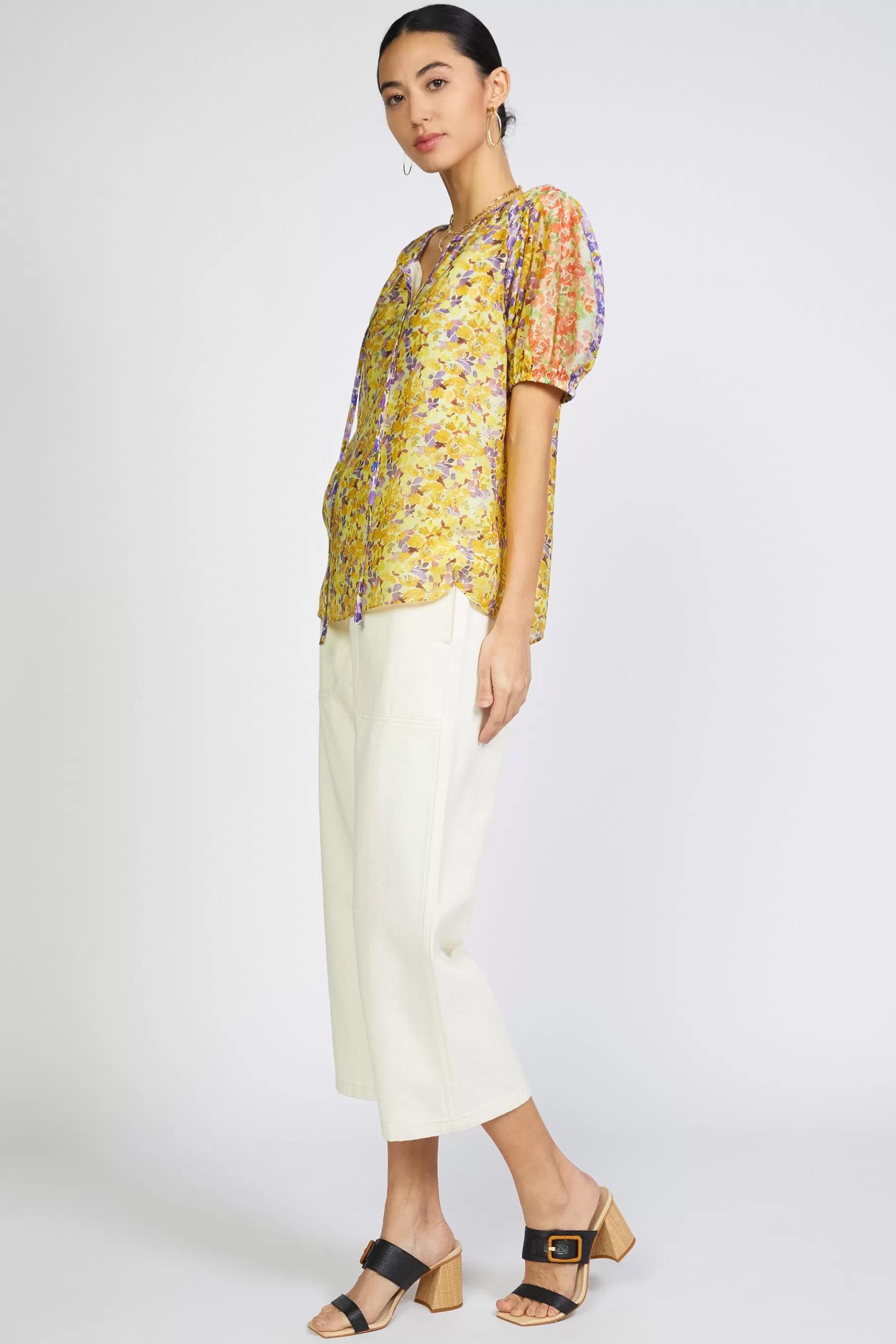 Current Air Short Sleeve Tops>Floral Colorblock Split Neck Blouse MULTI