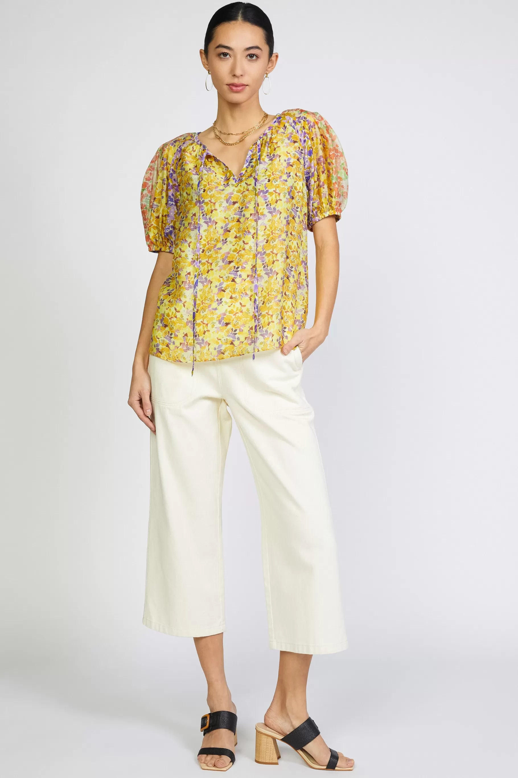 Current Air Short Sleeve Tops>Floral Colorblock Split Neck Blouse MULTI