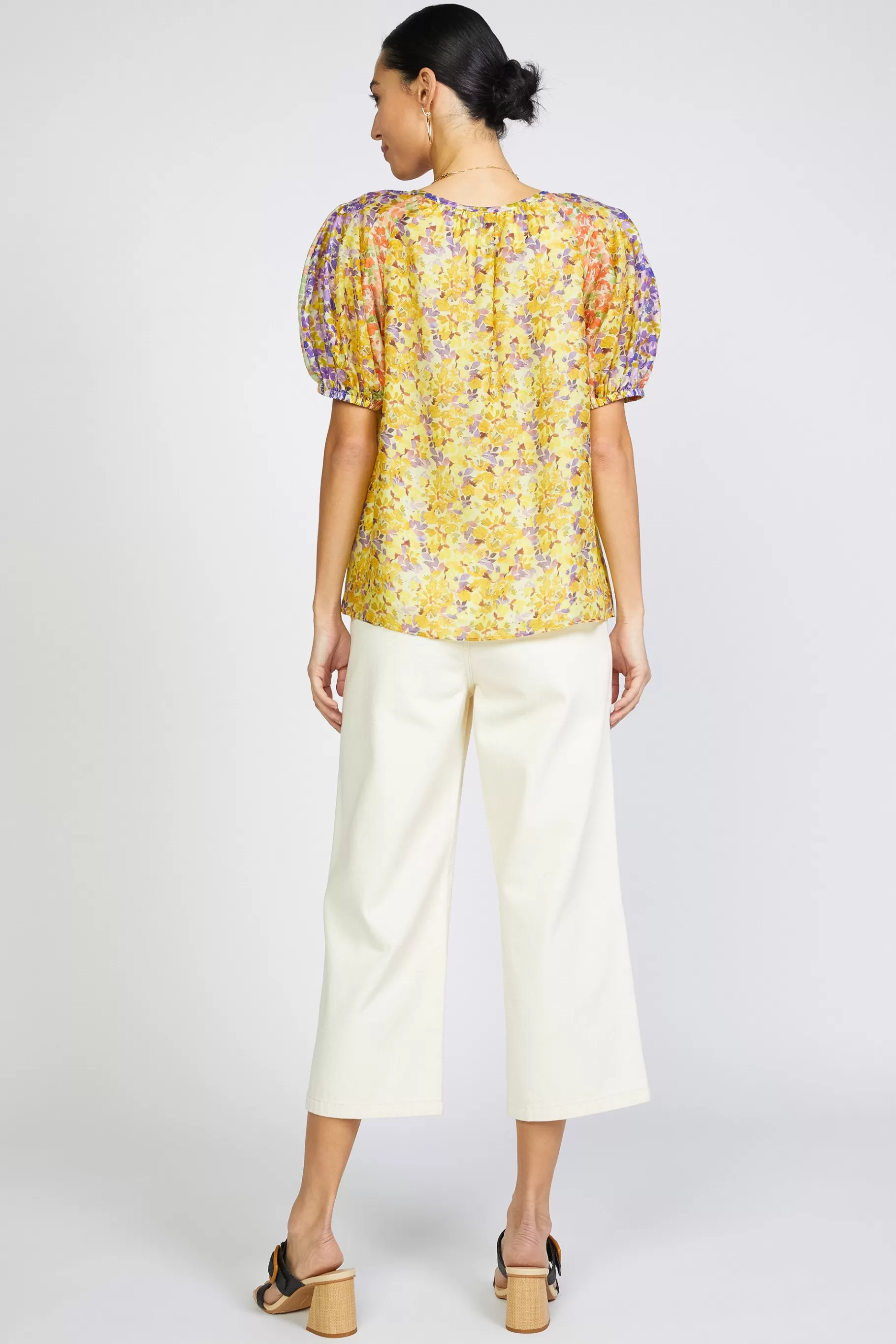 Current Air Short Sleeve Tops>Floral Colorblock Split Neck Blouse MULTI