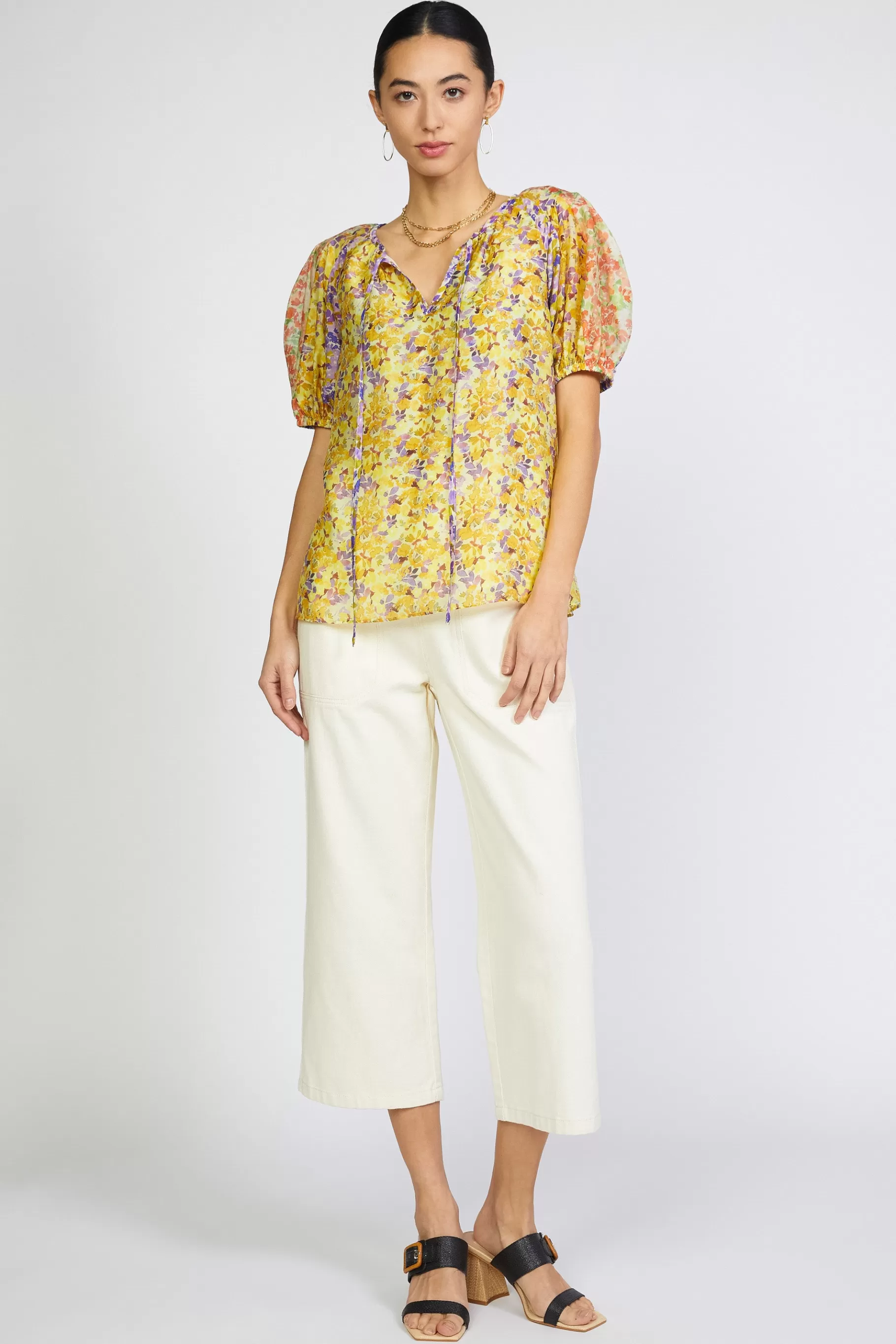 Current Air Short Sleeve Tops>Floral Colorblock Split Neck Blouse MULTI