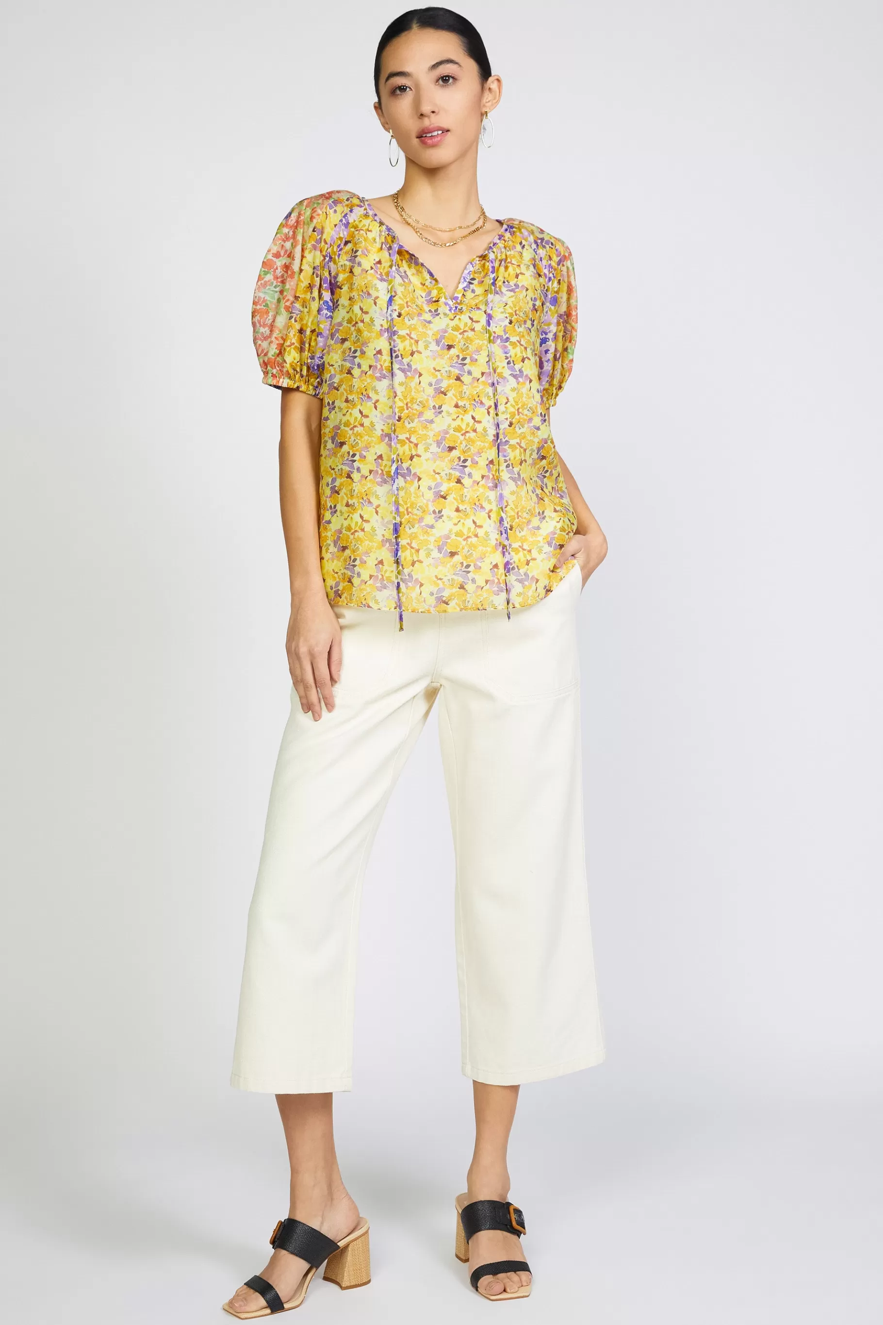 Current Air Short Sleeve Tops>Floral Colorblock Split Neck Blouse MULTI