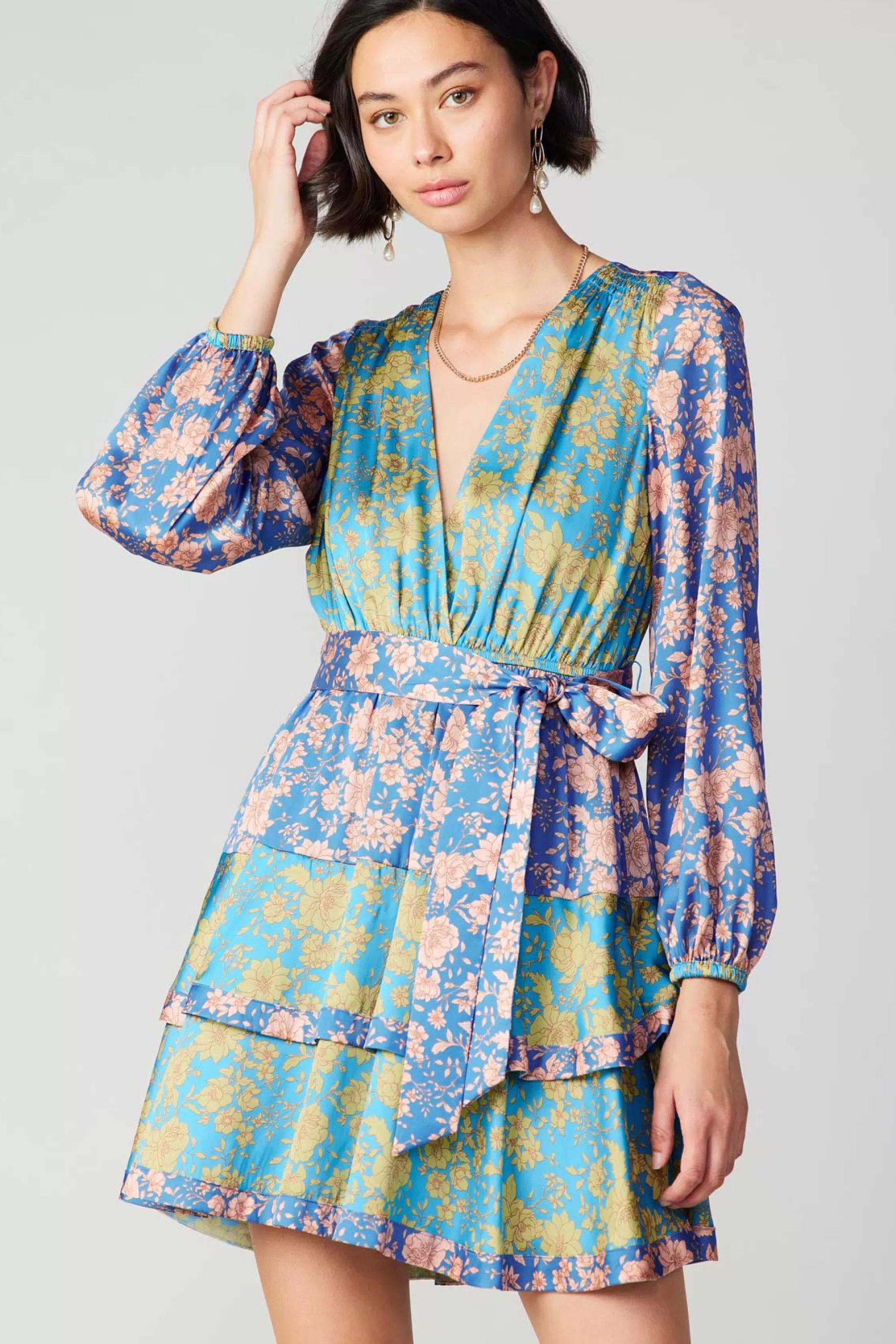 Current Air Mini Dresses>Floral Colorblock Surplice Mini Dress BLUEMULTIFLORAL