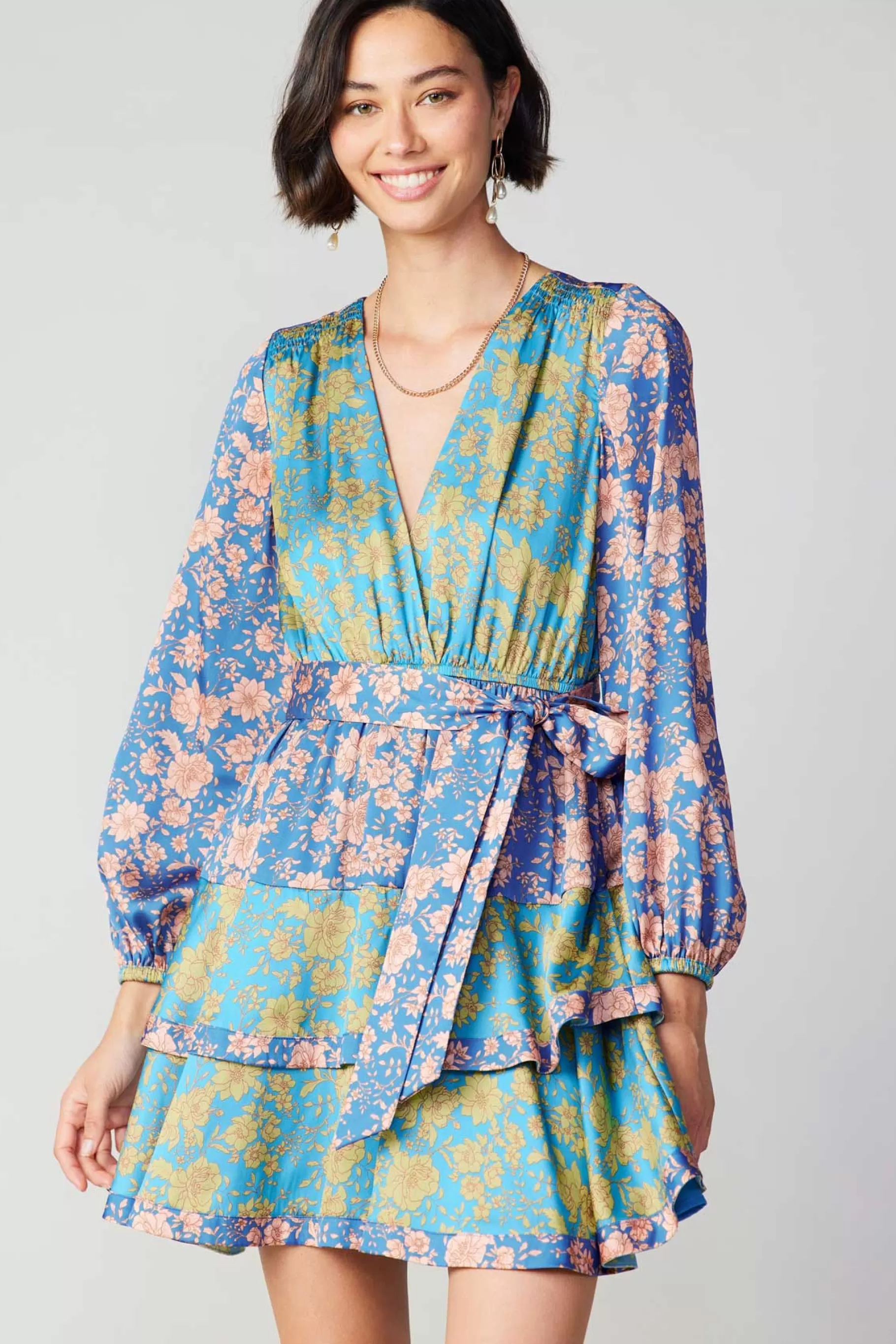 Current Air Mini Dresses>Floral Colorblock Surplice Mini Dress BLUEMULTIFLORAL