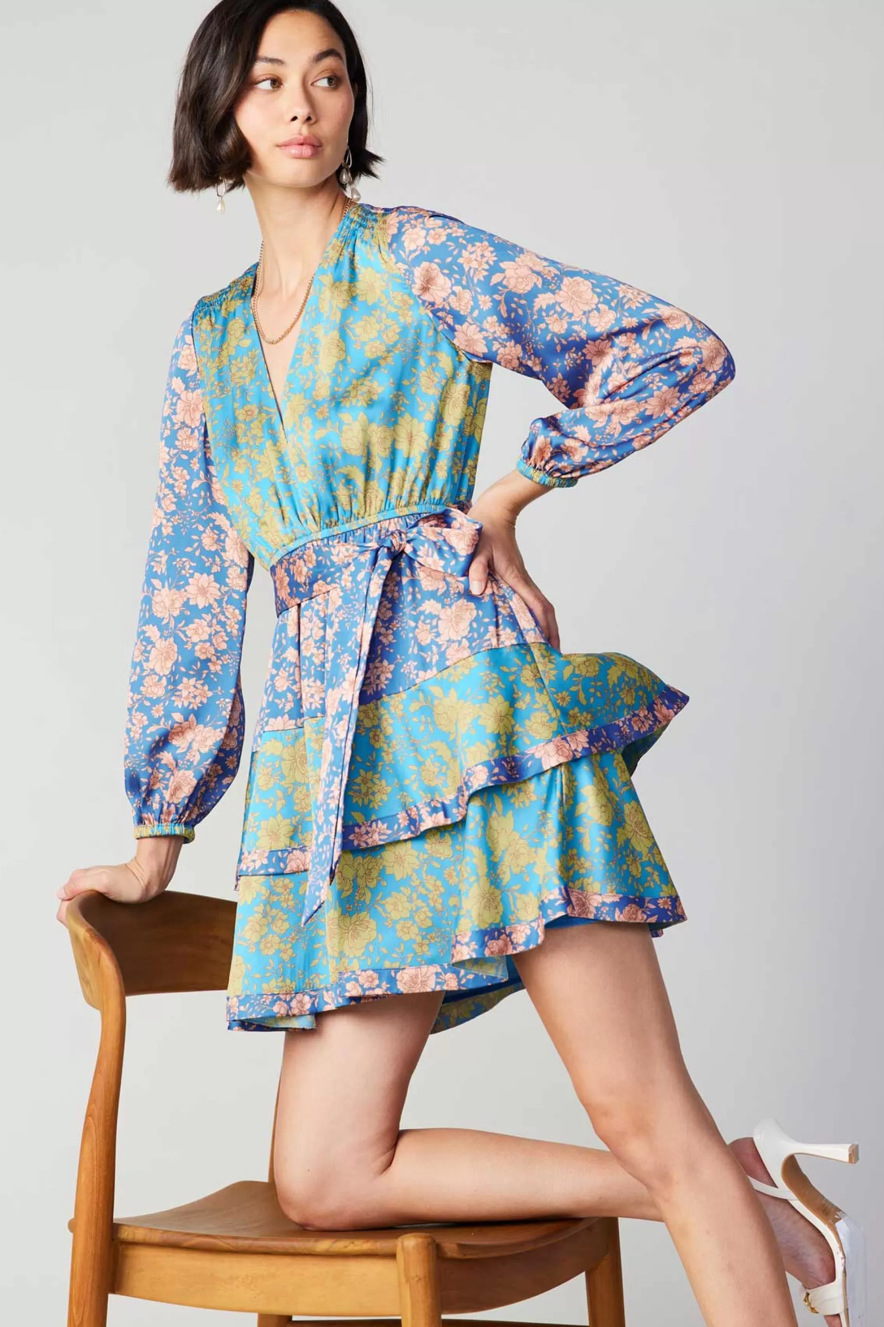 Current Air Mini Dresses>Floral Colorblock Surplice Mini Dress BLUEMULTIFLORAL