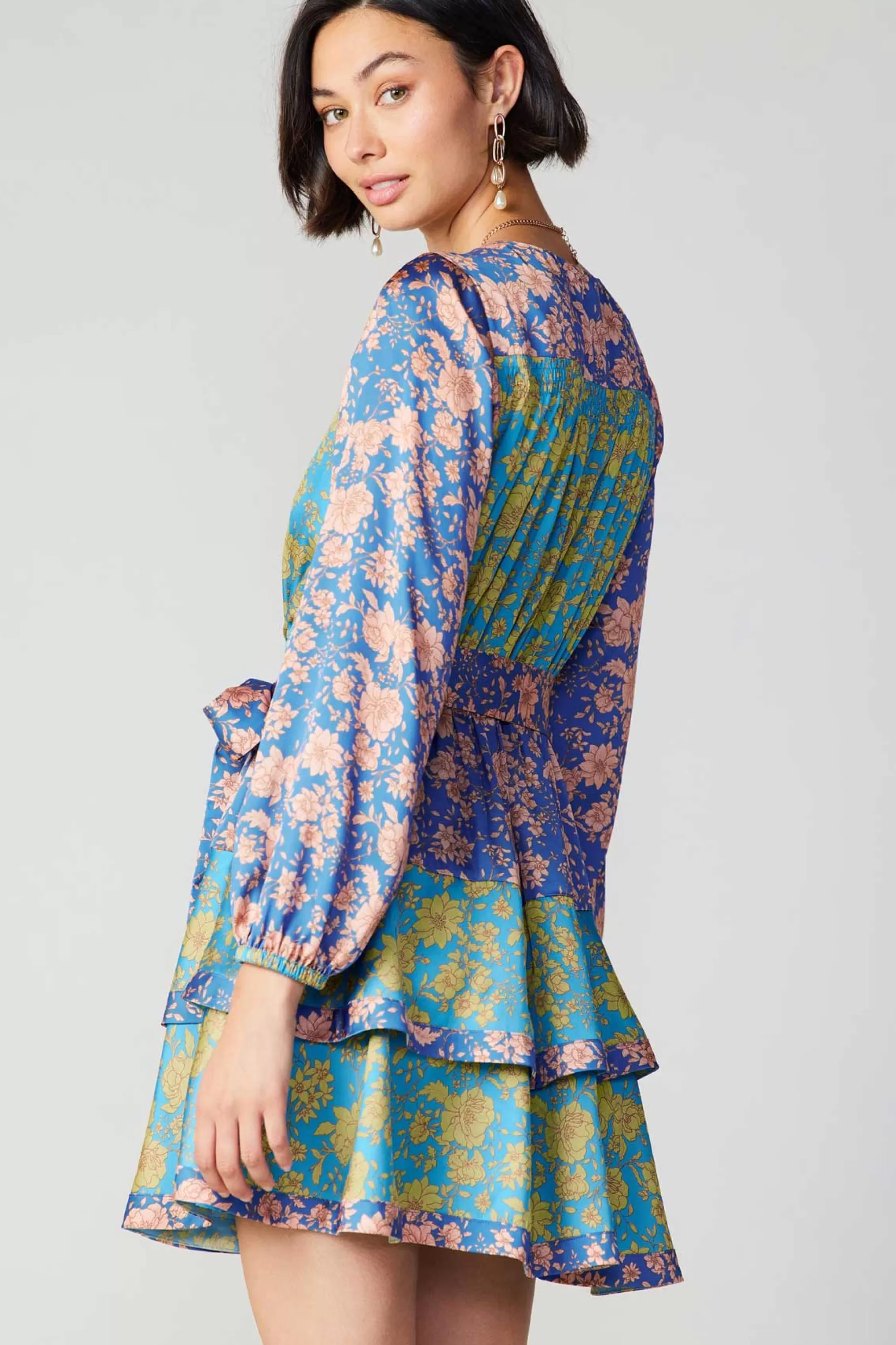 Current Air Mini Dresses>Floral Colorblock Surplice Mini Dress BLUEMULTIFLORAL