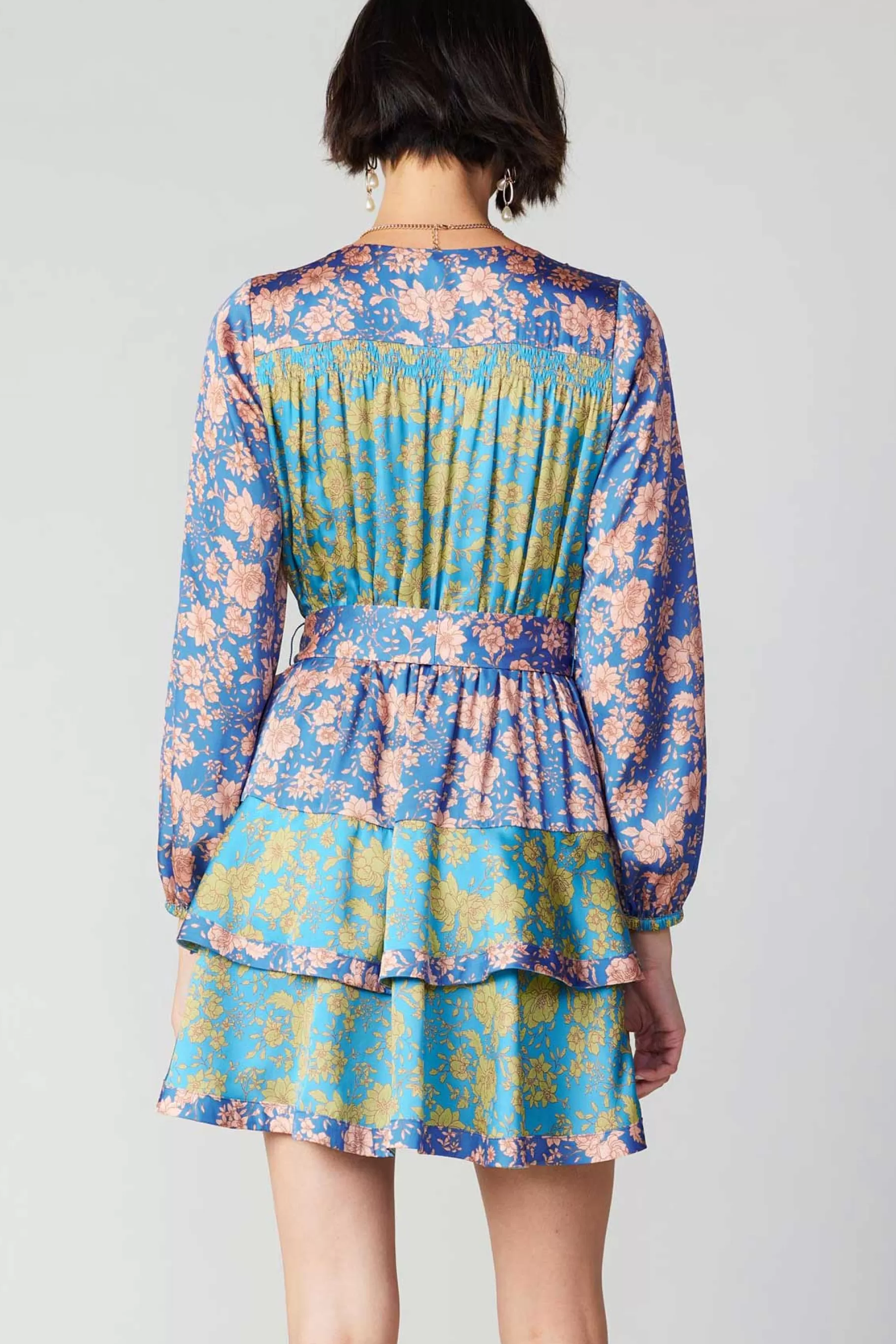 Current Air Mini Dresses>Floral Colorblock Surplice Mini Dress BLUEMULTIFLORAL