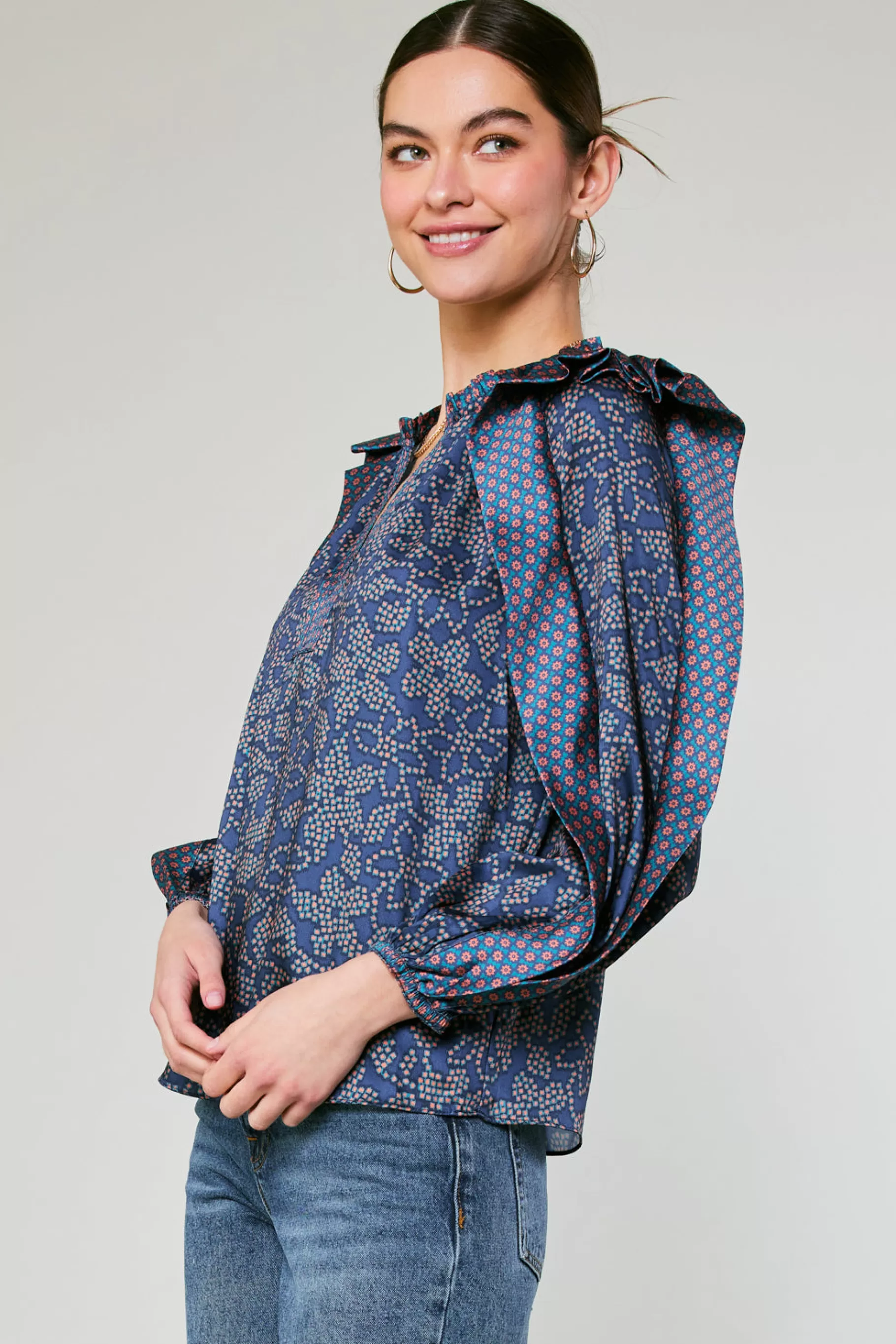Current Air Long Sleeve Tops>Floral Constellation Blouse NAVY