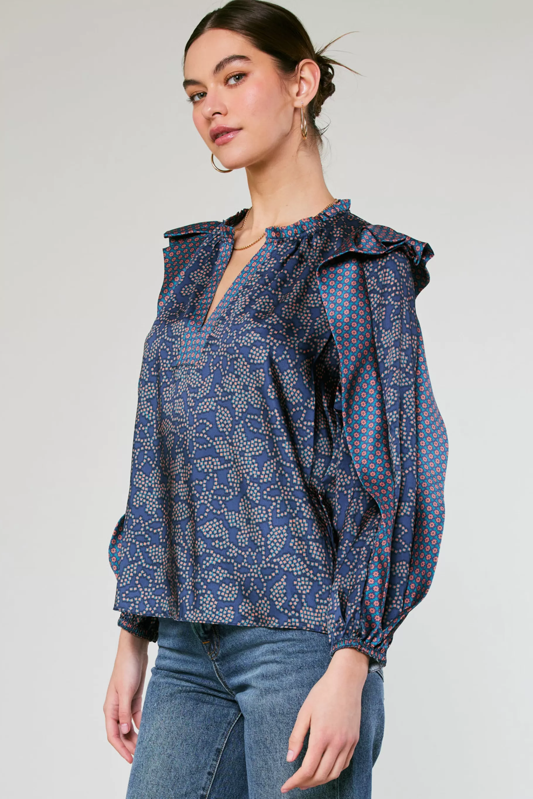 Current Air Long Sleeve Tops>Floral Constellation Blouse NAVY