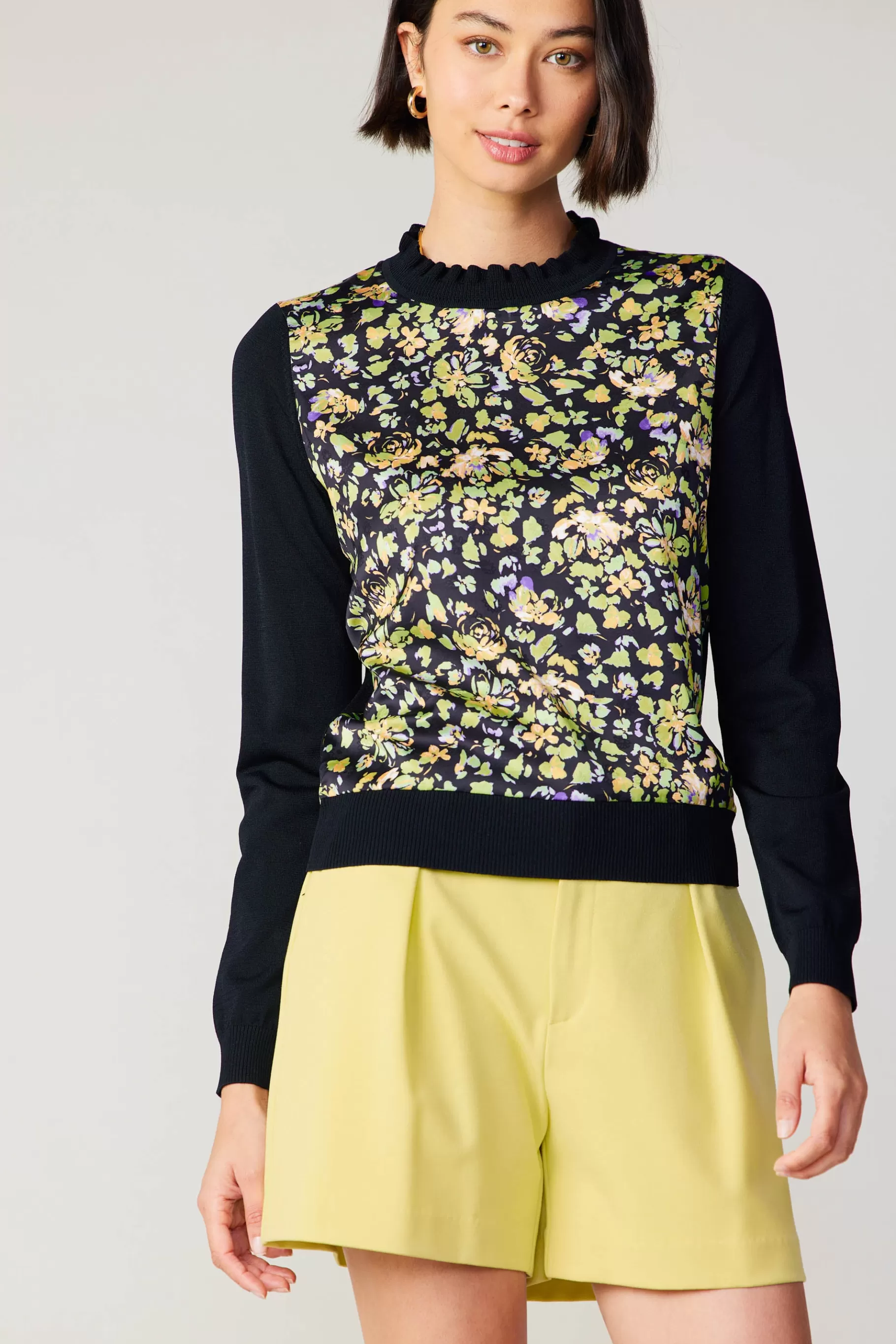 Current Air Knitwear | Long Sleeve Tops>Floral Contrast Panel Sweater BLACK