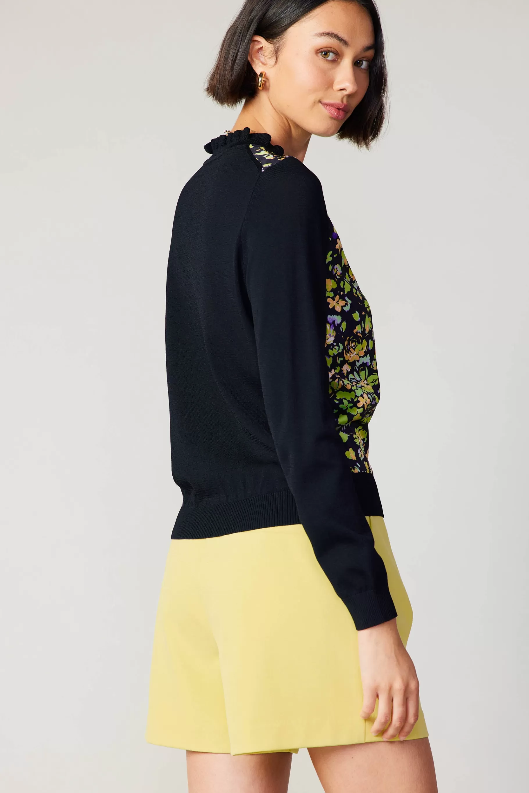 Current Air Knitwear | Long Sleeve Tops>Floral Contrast Panel Sweater BLACK