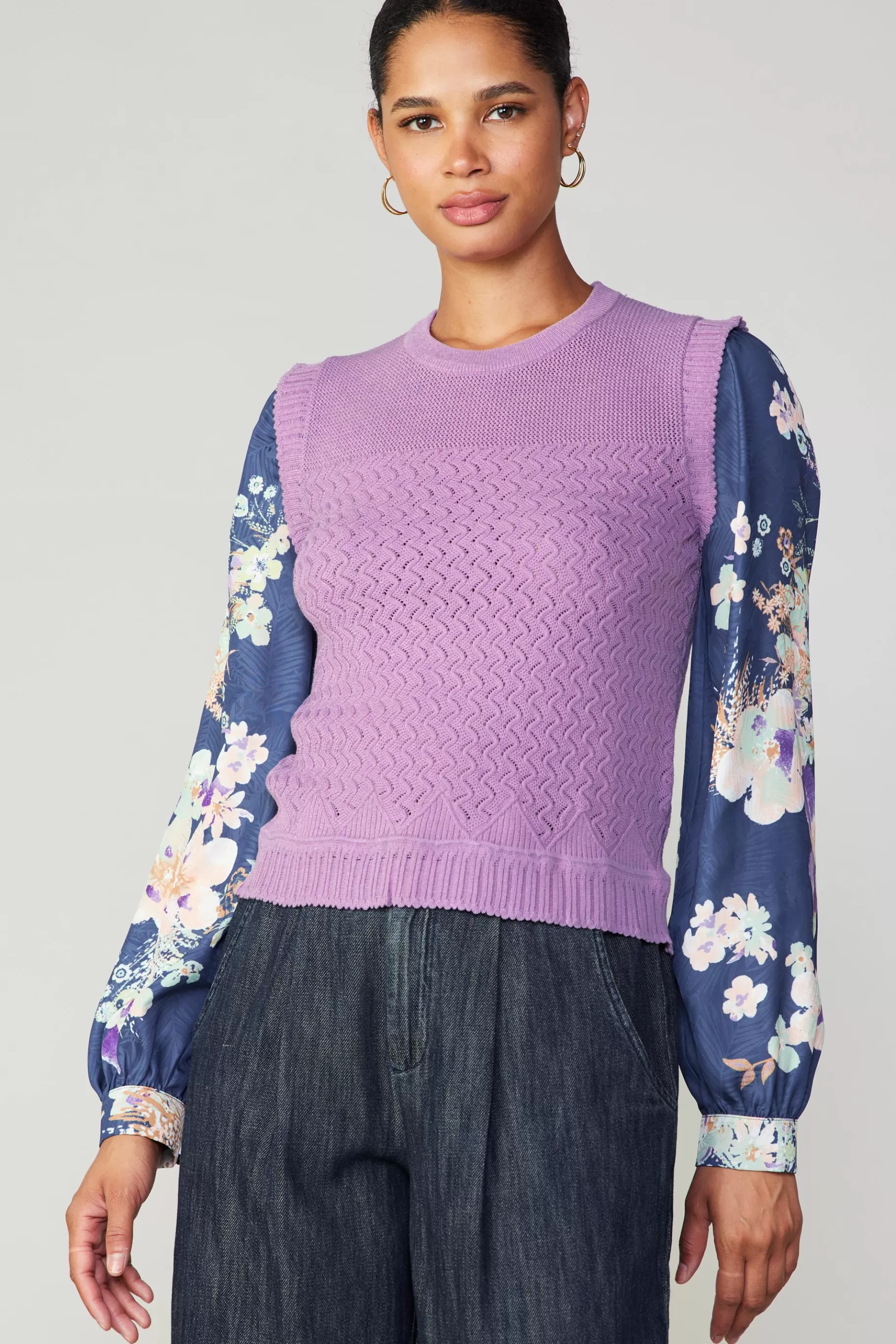 Current Air Long Sleeve Tops | Sweaters>Floral Contrast Sleeve Sweater Top LILAC